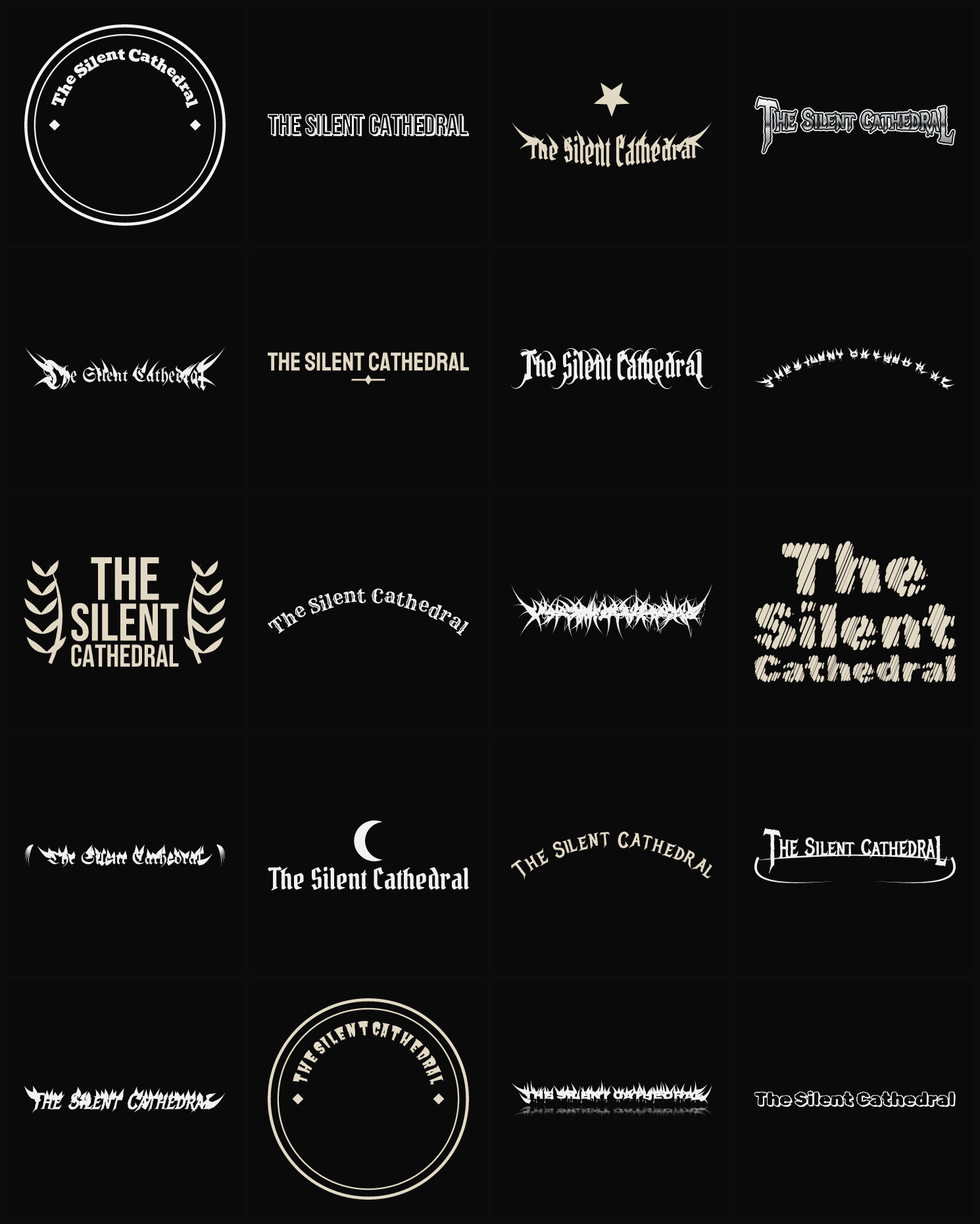 Twenty The Silent Cathedral band logo ideas — different faces, treatments and spike settings