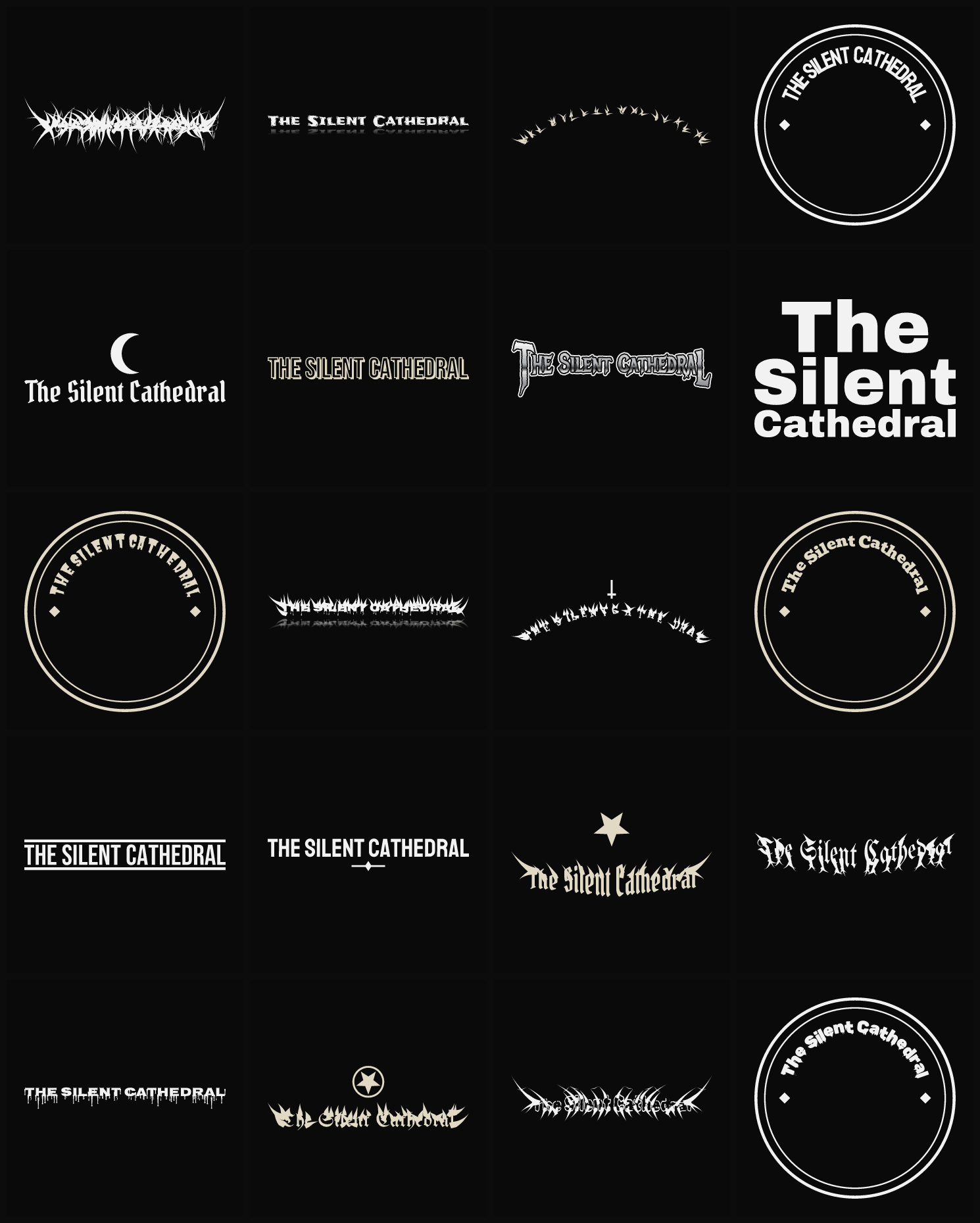 Twenty The Silent Cathedral band logo ideas — different faces, treatments and spike settings