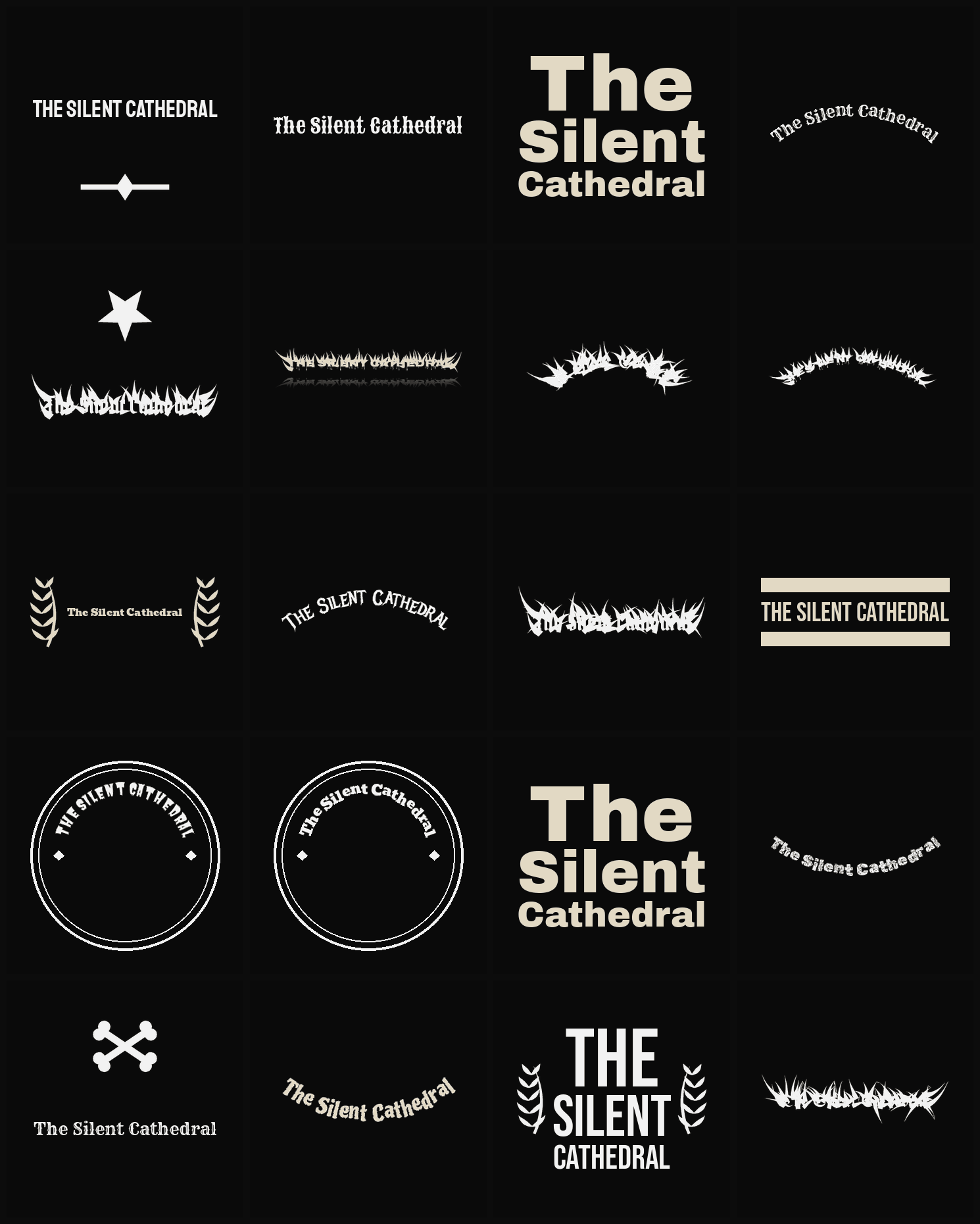 Twenty The Silent Cathedral band logo ideas — different faces, treatments and spike settings