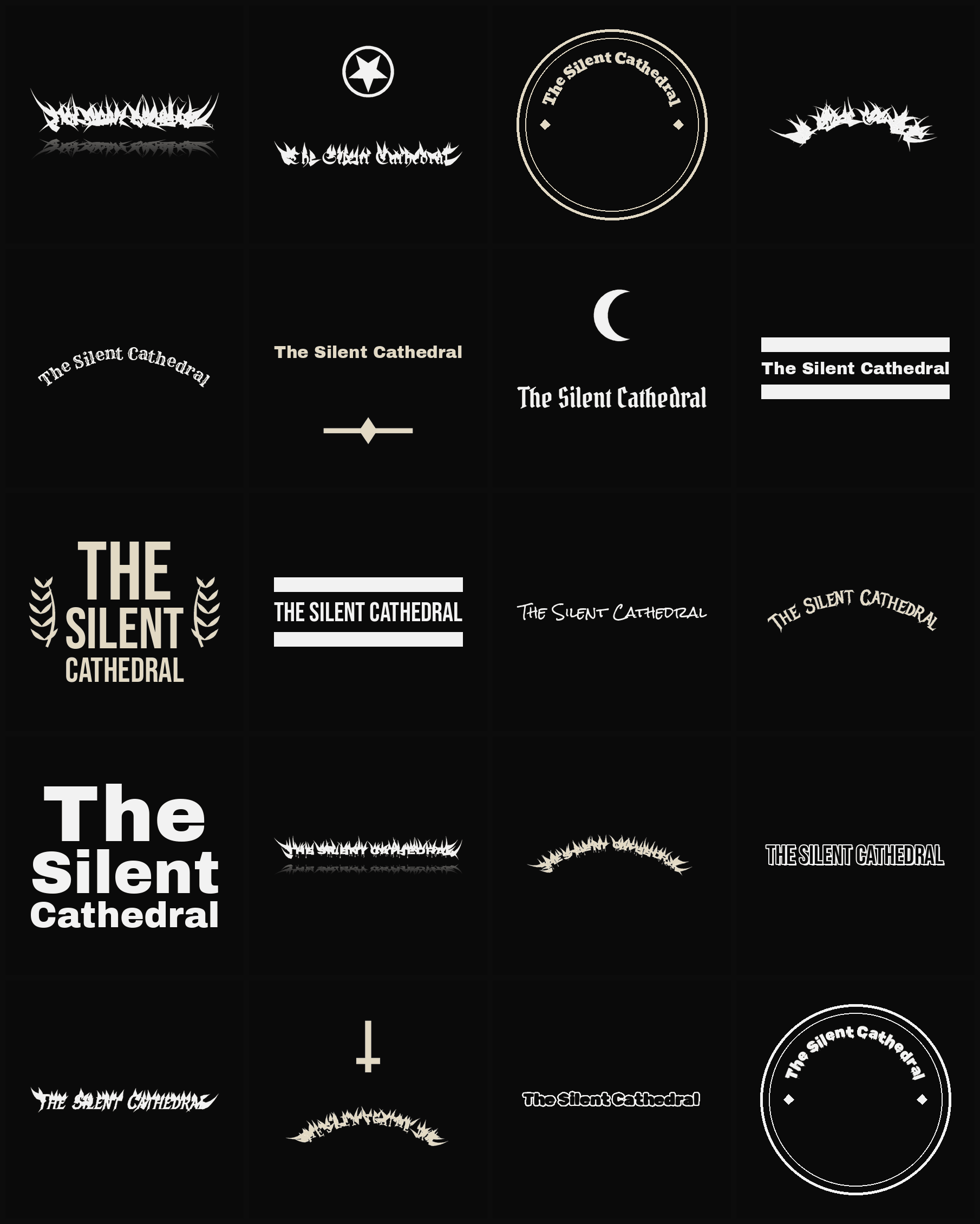 Twenty The Silent Cathedral band logo ideas — different faces, treatments and spike settings