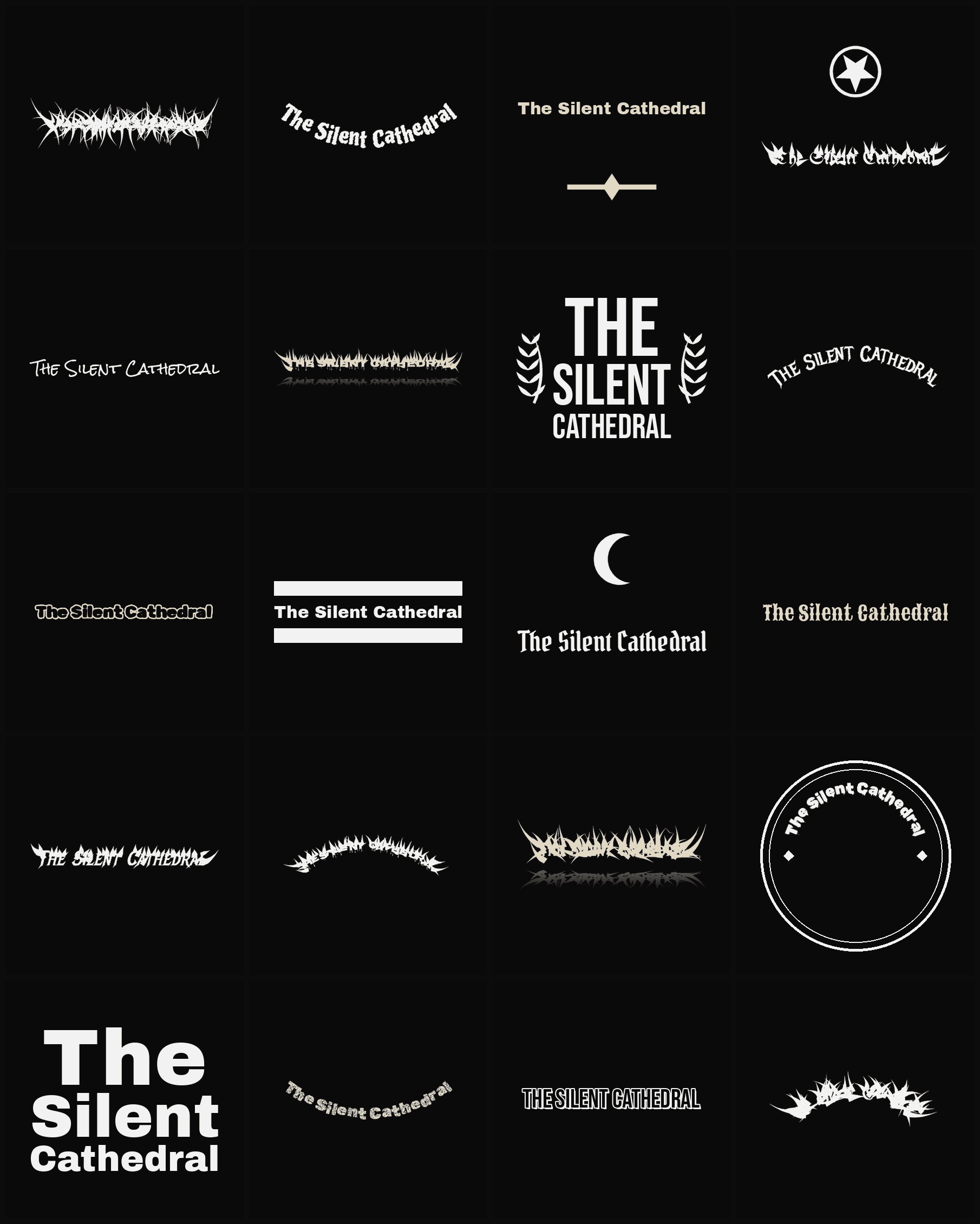 Twenty The Silent Cathedral band logo ideas — different faces, treatments and spike settings