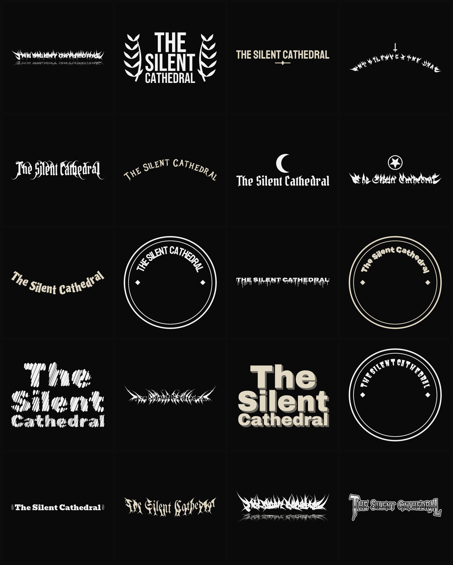 Twenty The Silent Cathedral band logo ideas — different faces, treatments and spike settings