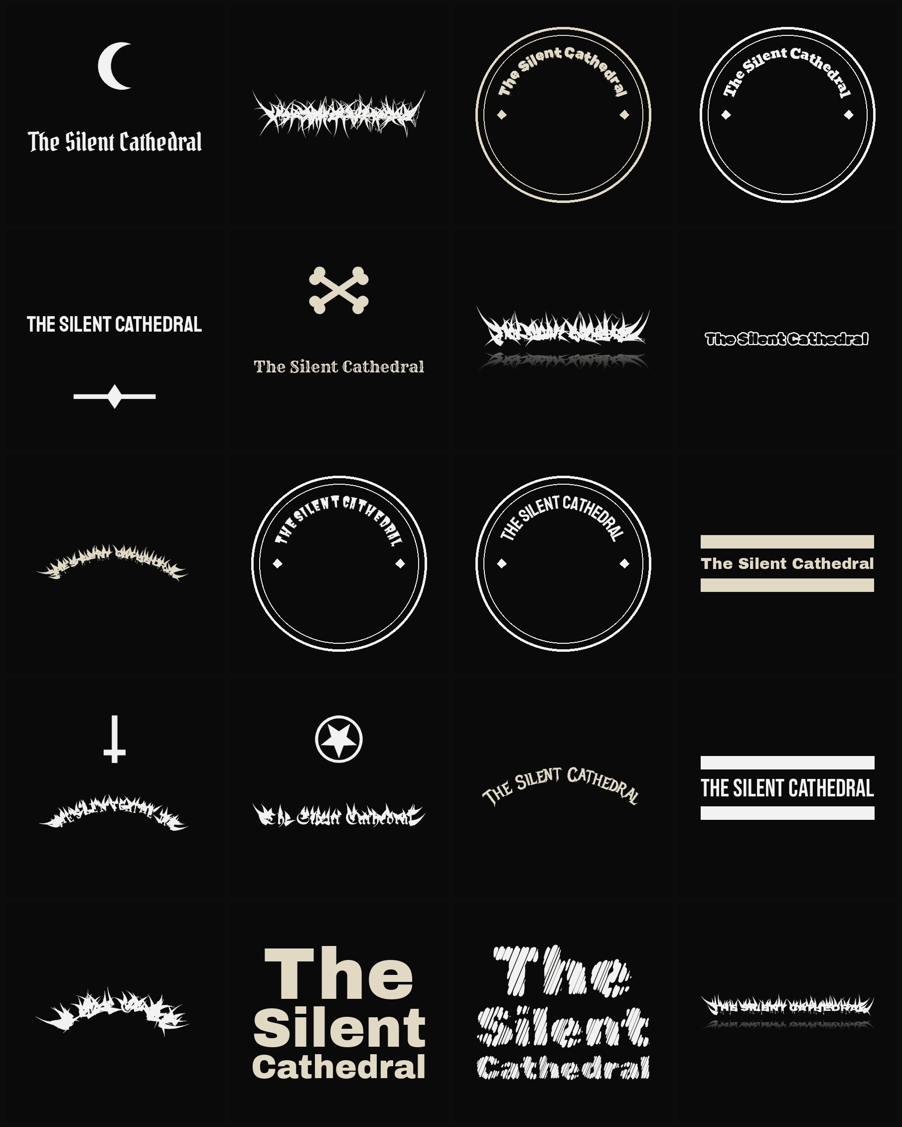 Twenty The Silent Cathedral band logo ideas — different faces, treatments and spike settings