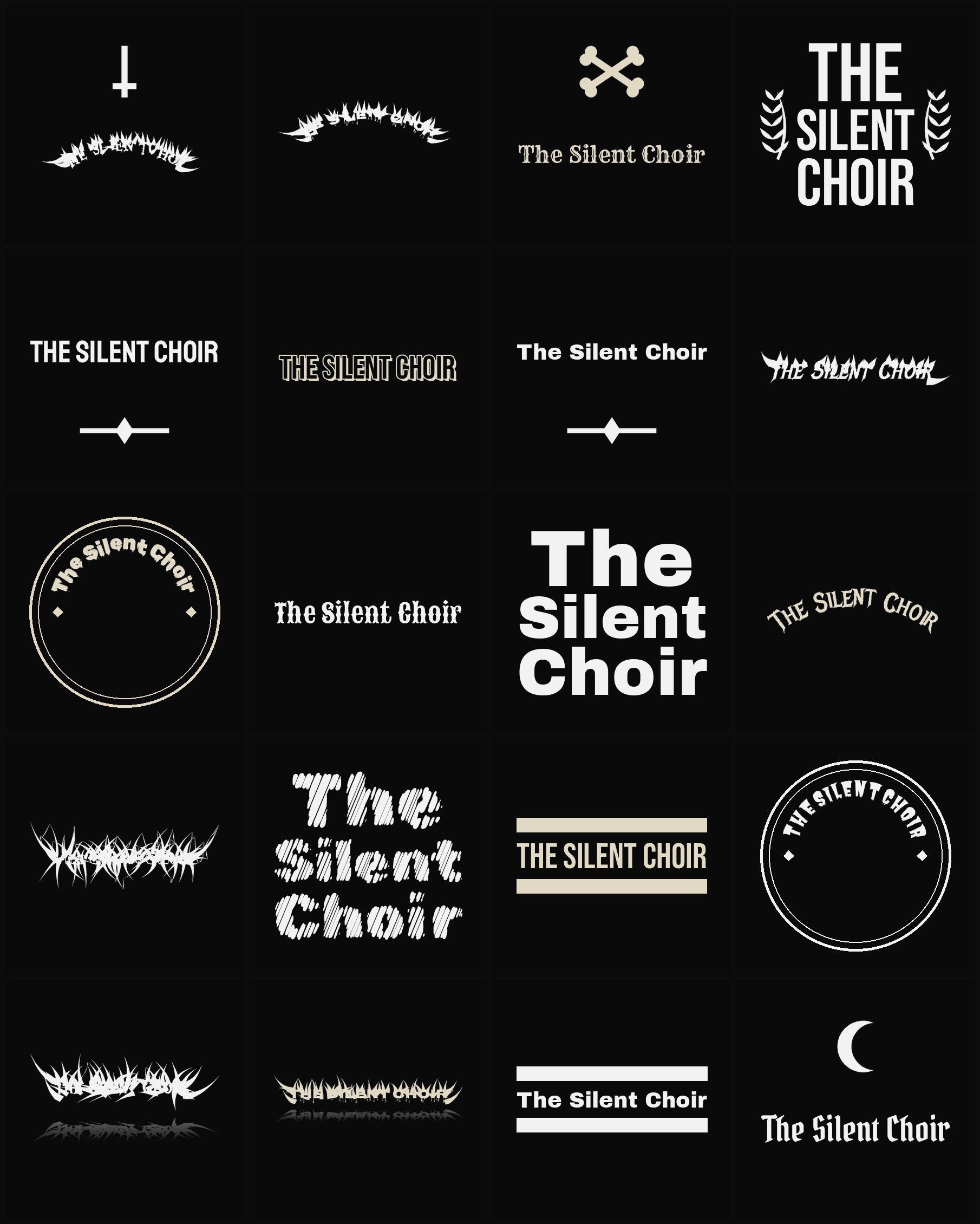 Twenty The Silent Choir band logo ideas — different faces, treatments and spike settings