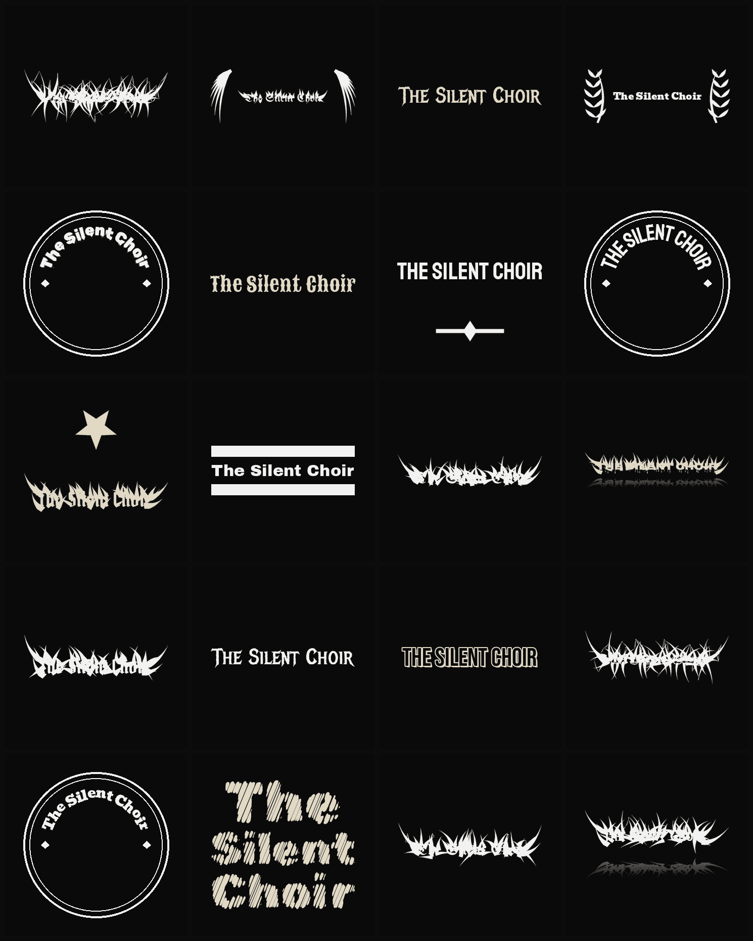 Twenty The Silent Choir band logo ideas — different faces, treatments and spike settings