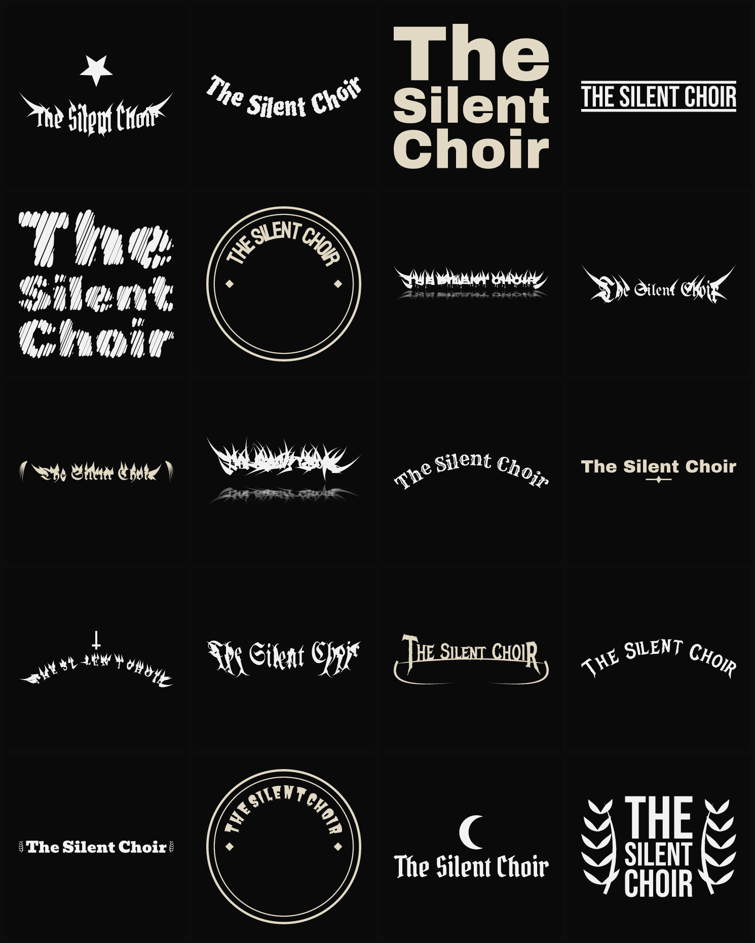 Twenty The Silent Choir band logo ideas — different faces, treatments and spike settings