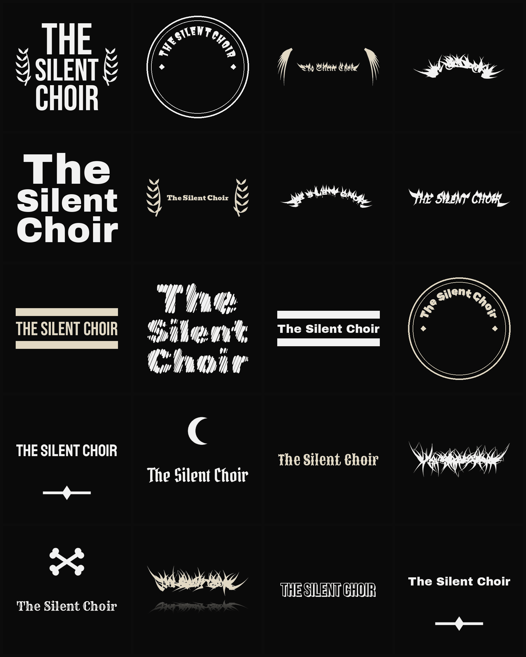 Twenty The Silent Choir band logo ideas — different faces, treatments and spike settings