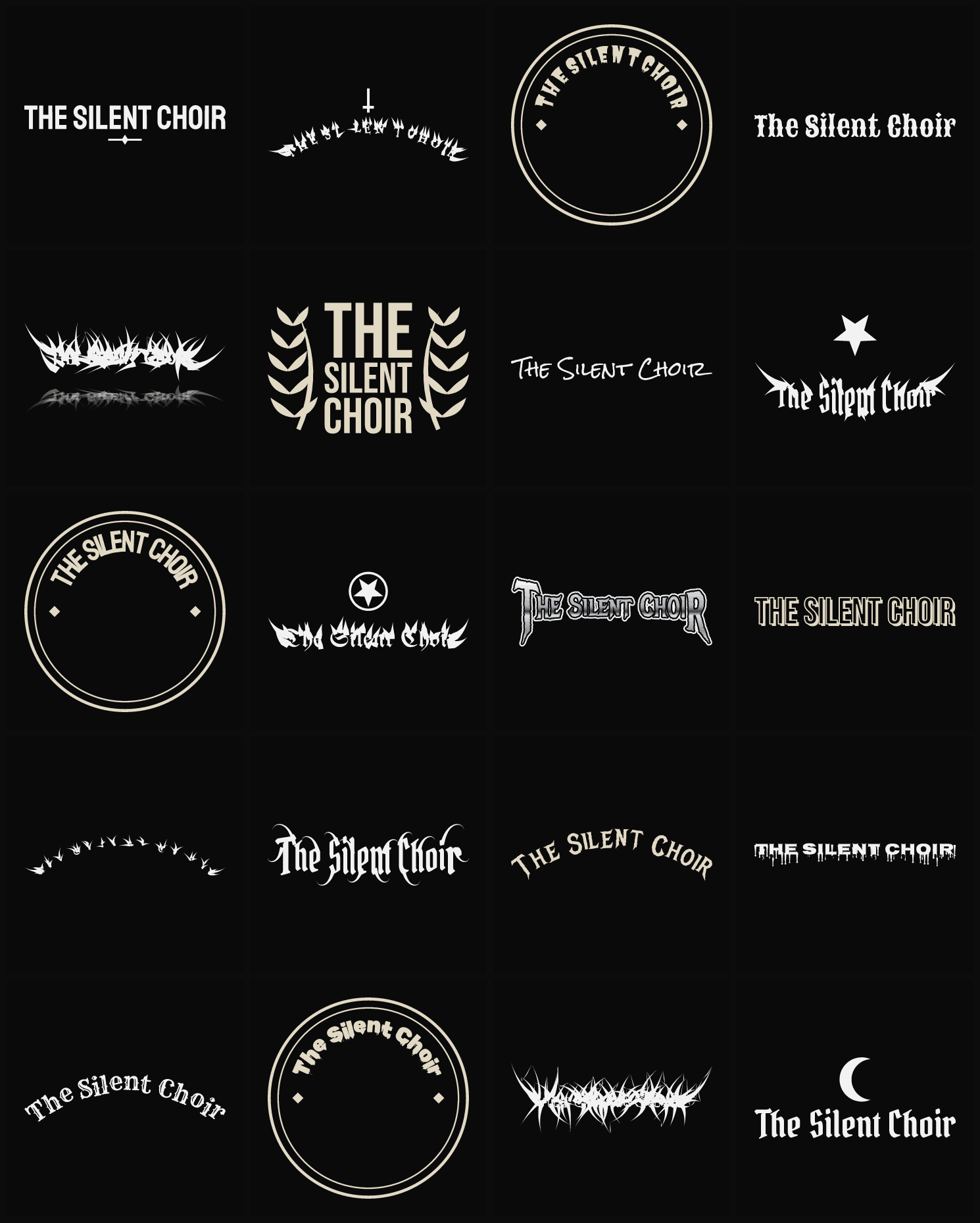 Twenty The Silent Choir band logo ideas — different faces, treatments and spike settings