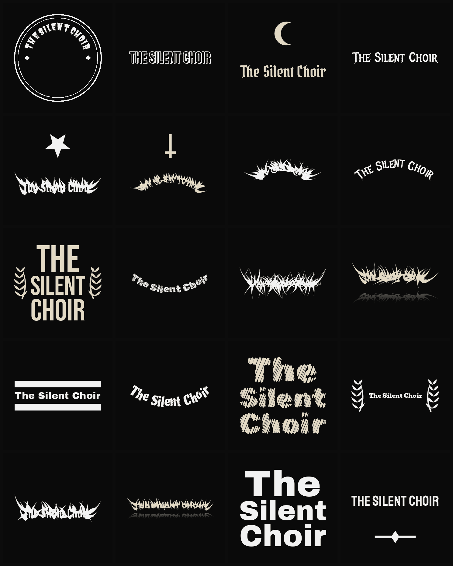 Twenty The Silent Choir band logo ideas — different faces, treatments and spike settings