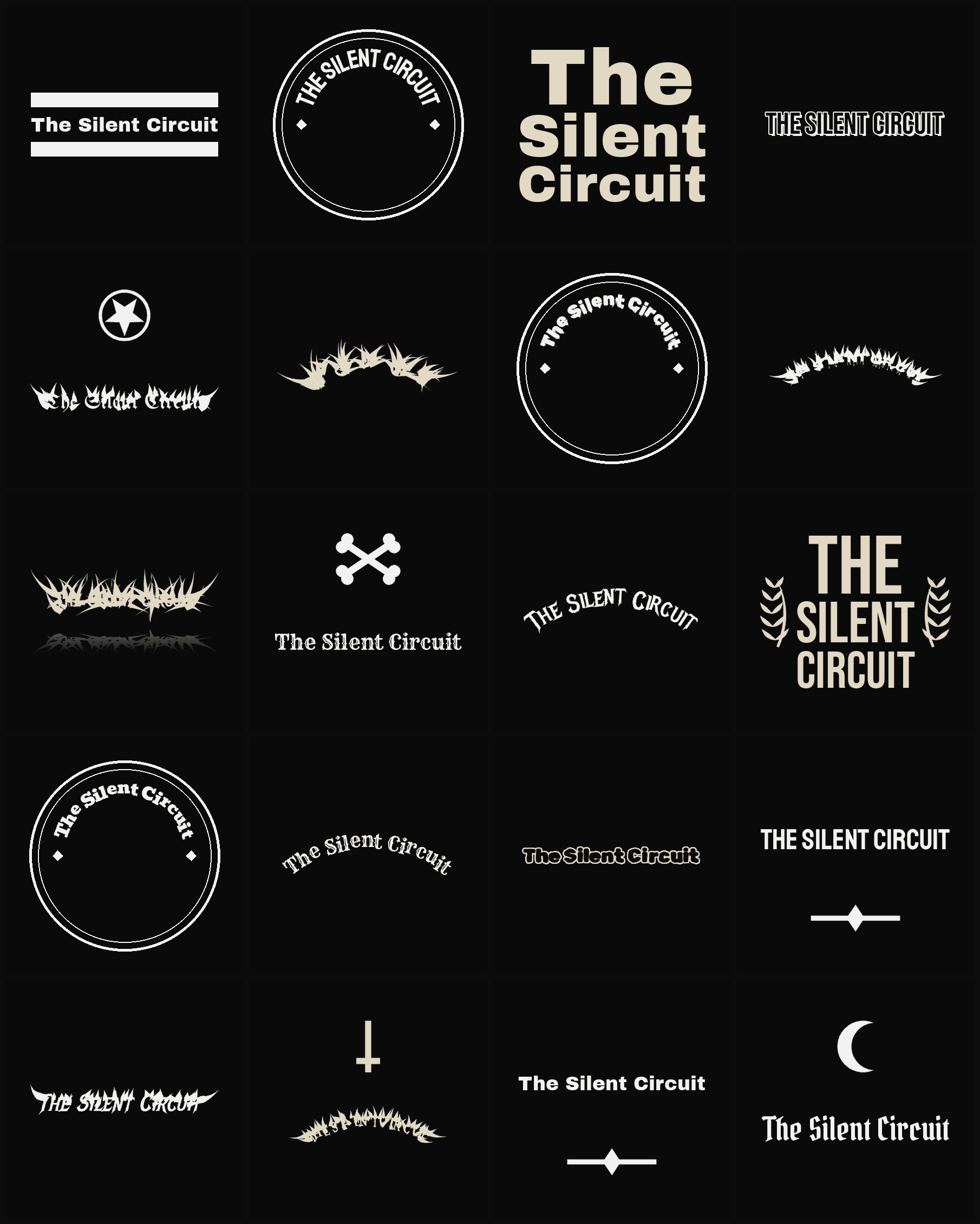 Twenty The Silent Circuit band logo ideas — different faces, treatments and spike settings