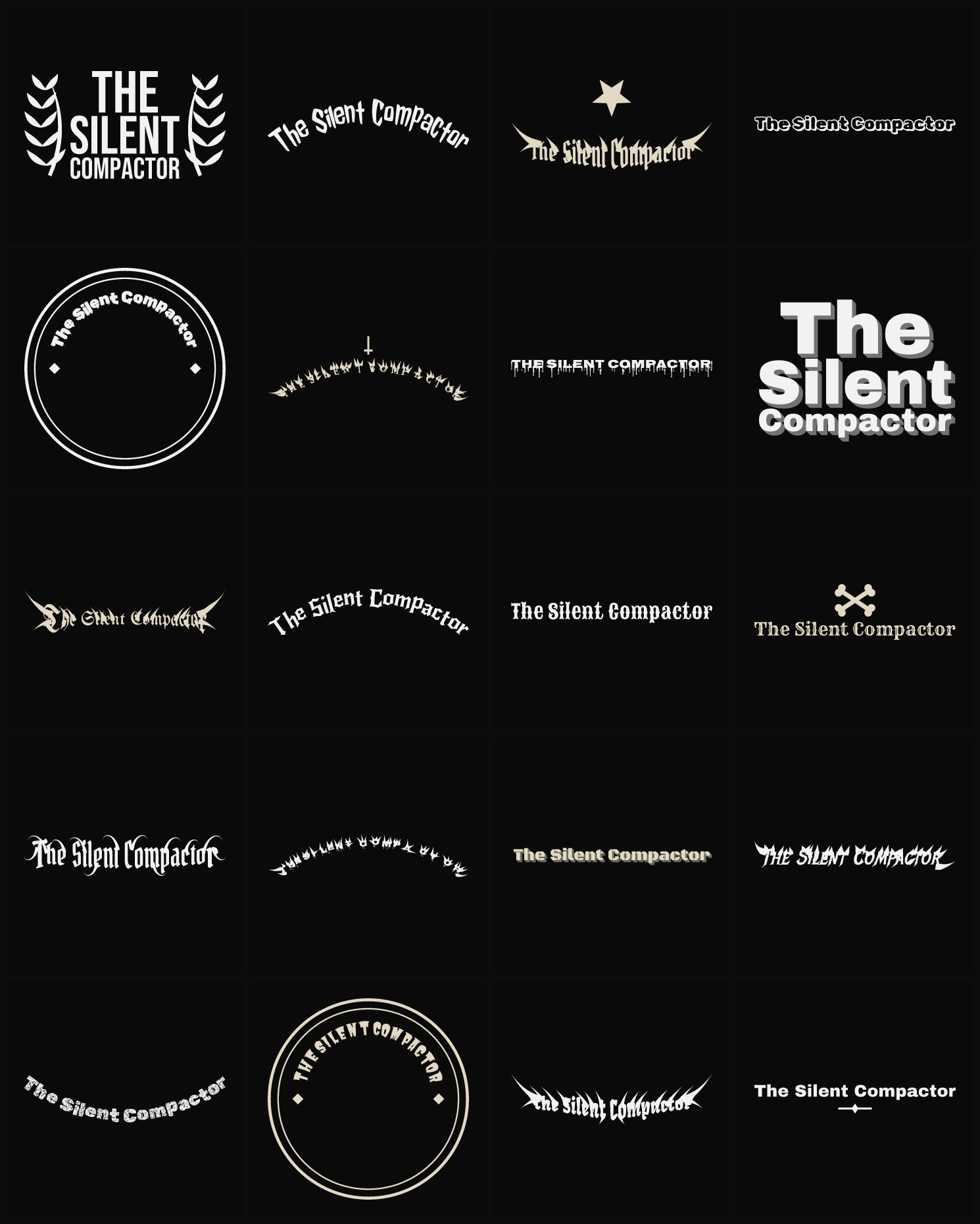 Twenty The Silent Compactor band logo ideas — different faces, treatments and spike settings