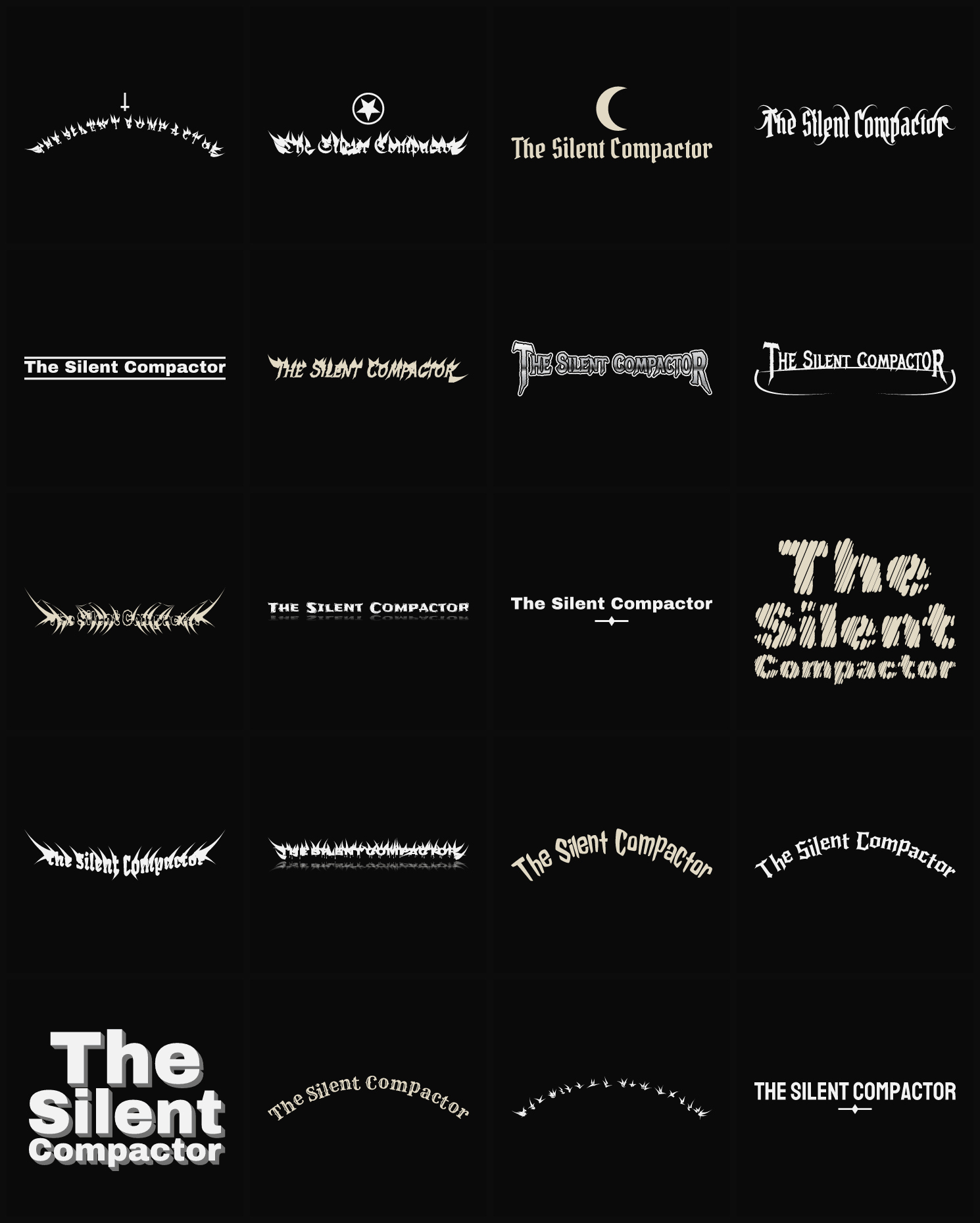 Twenty The Silent Compactor band logo ideas — different faces, treatments and spike settings