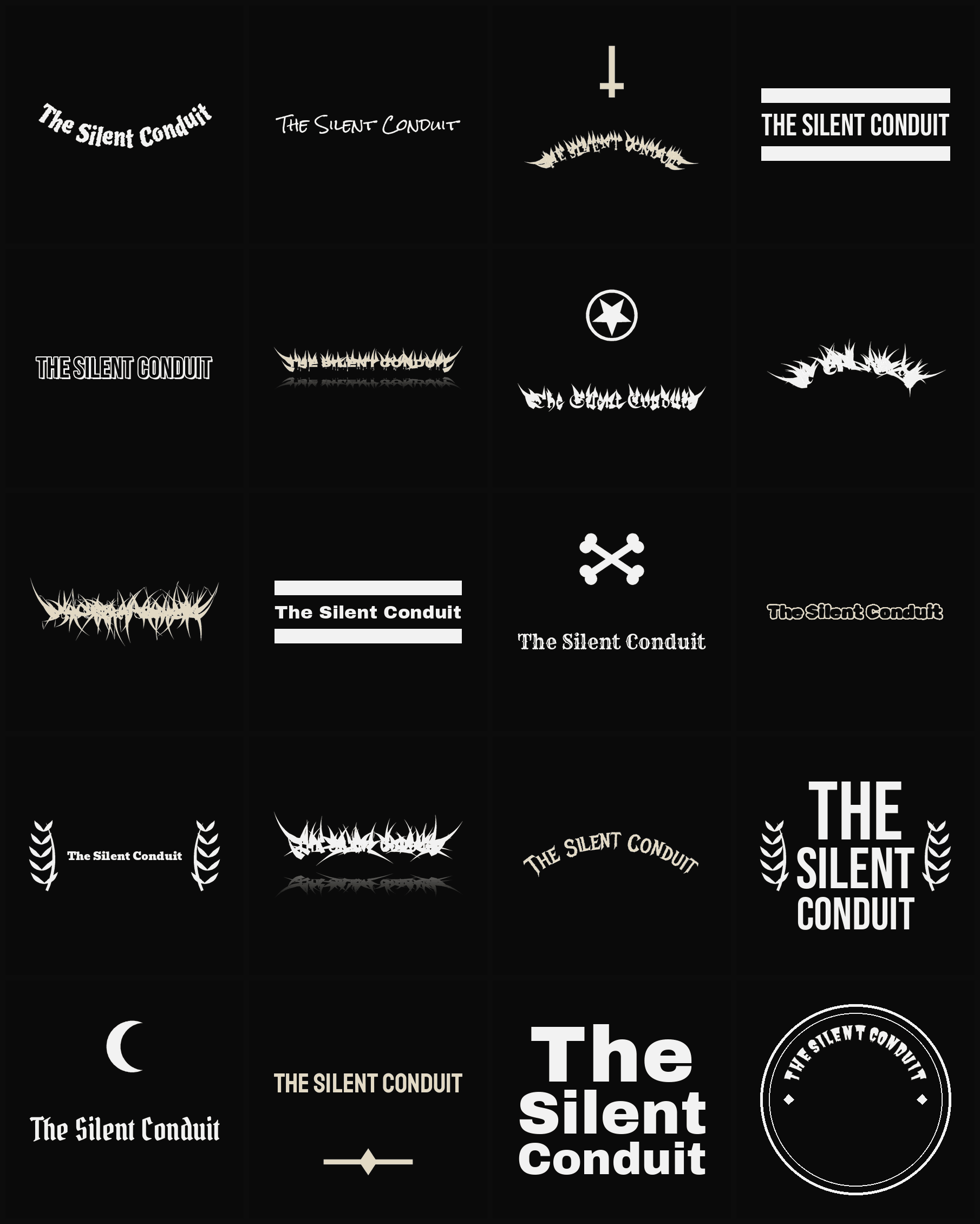 Twenty The Silent Conduit band logo ideas — different faces, treatments and spike settings