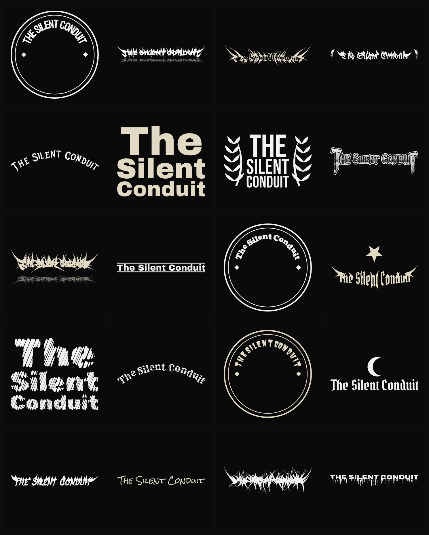 Twenty The Silent Conduit band logo ideas — different faces, treatments and spike settings