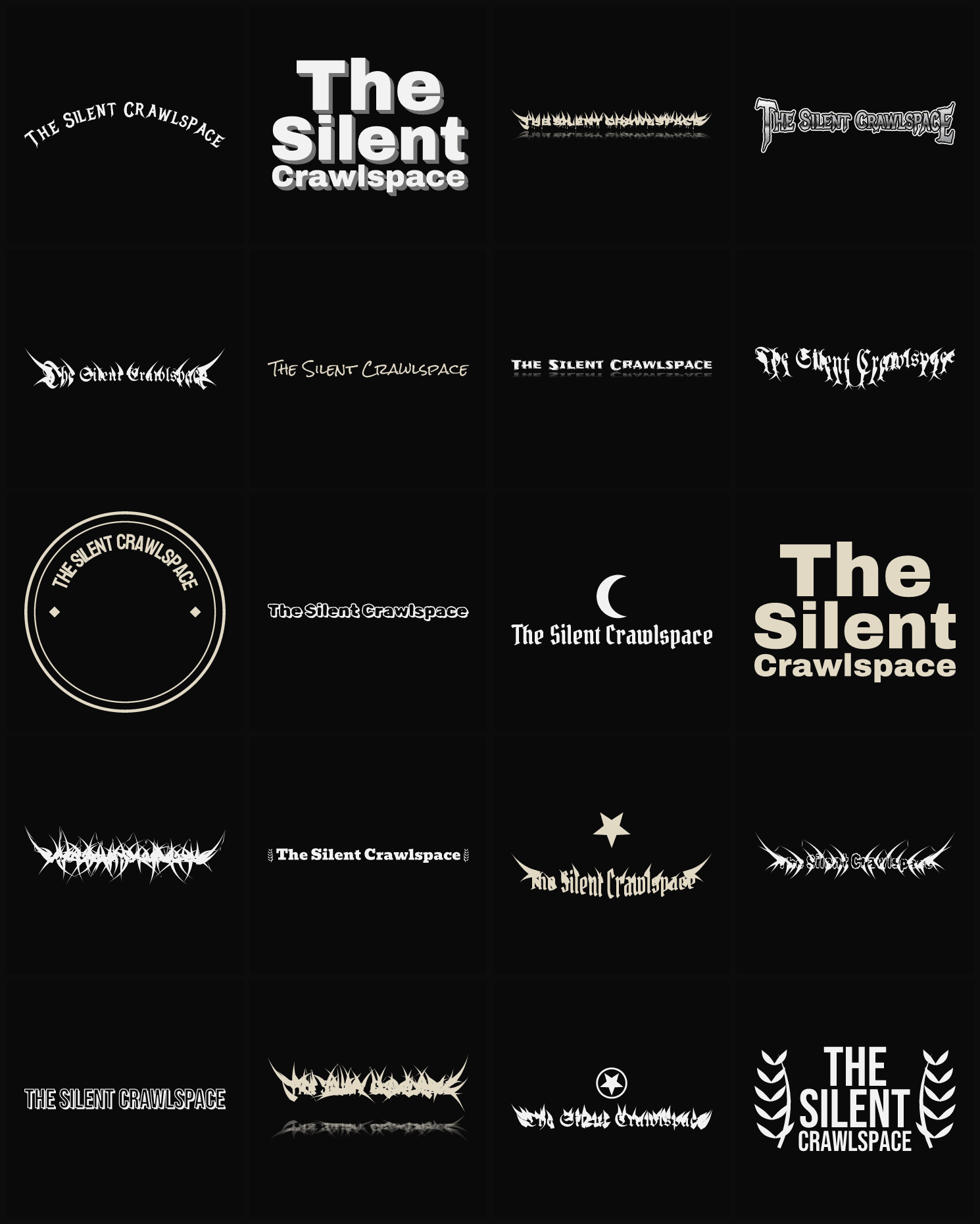 Twenty The Silent Crawlspace band logo ideas — different faces, treatments and spike settings