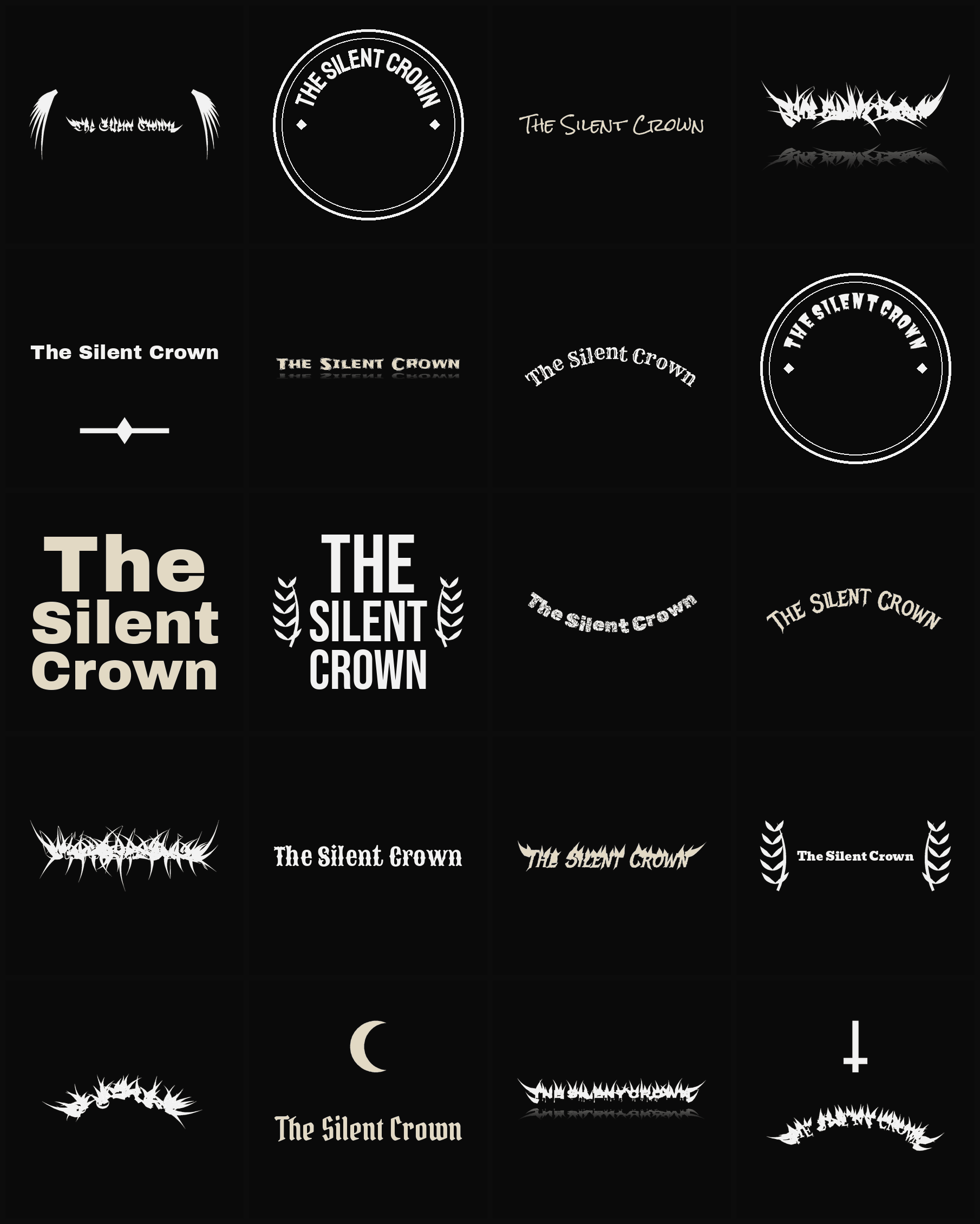 Twenty The Silent Crown band logo ideas — different faces, treatments and spike settings