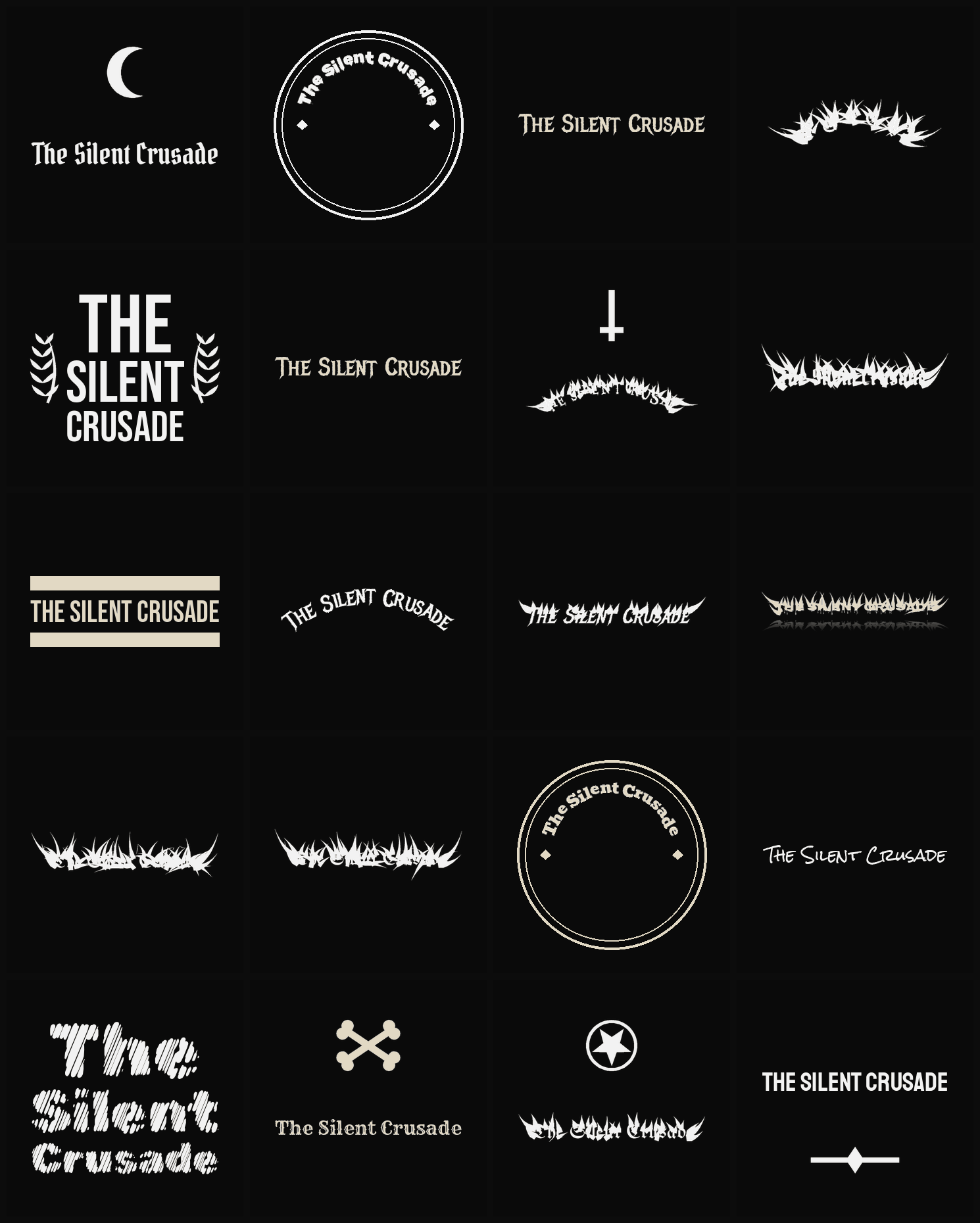 Twenty The Silent Crusade band logo ideas — different faces, treatments and spike settings