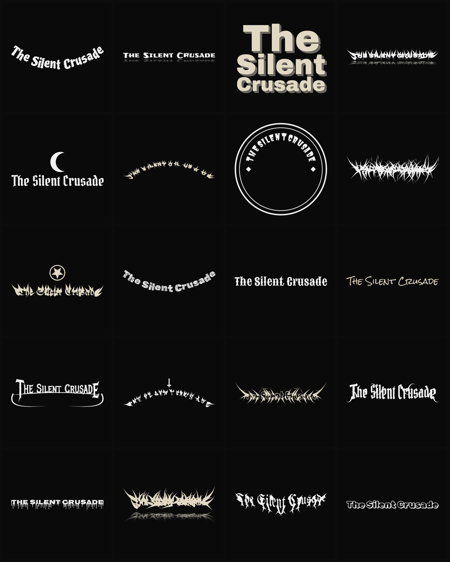 Twenty The Silent Crusade band logo ideas — different faces, treatments and spike settings