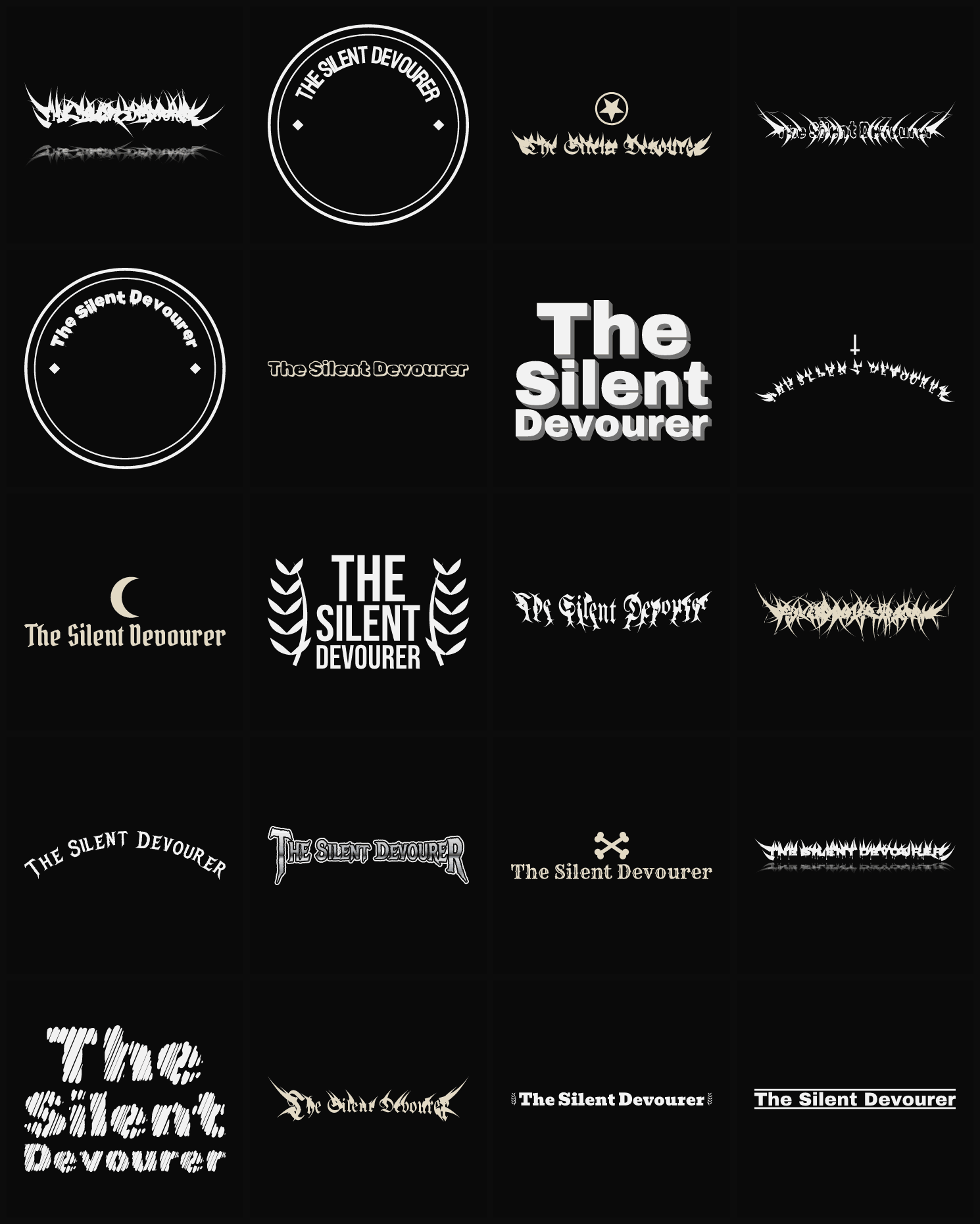 Twenty The Silent Devourer band logo ideas — different faces, treatments and spike settings