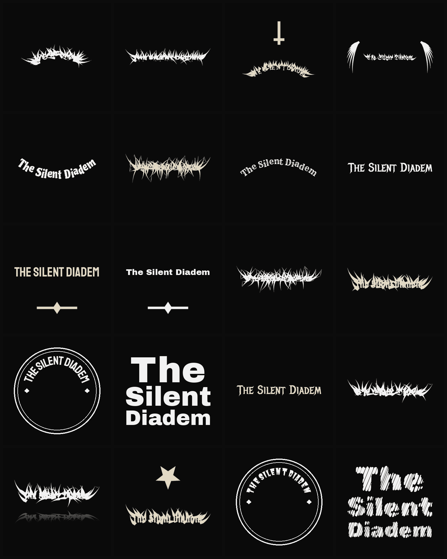 Twenty The Silent Diadem band logo ideas — different faces, treatments and spike settings