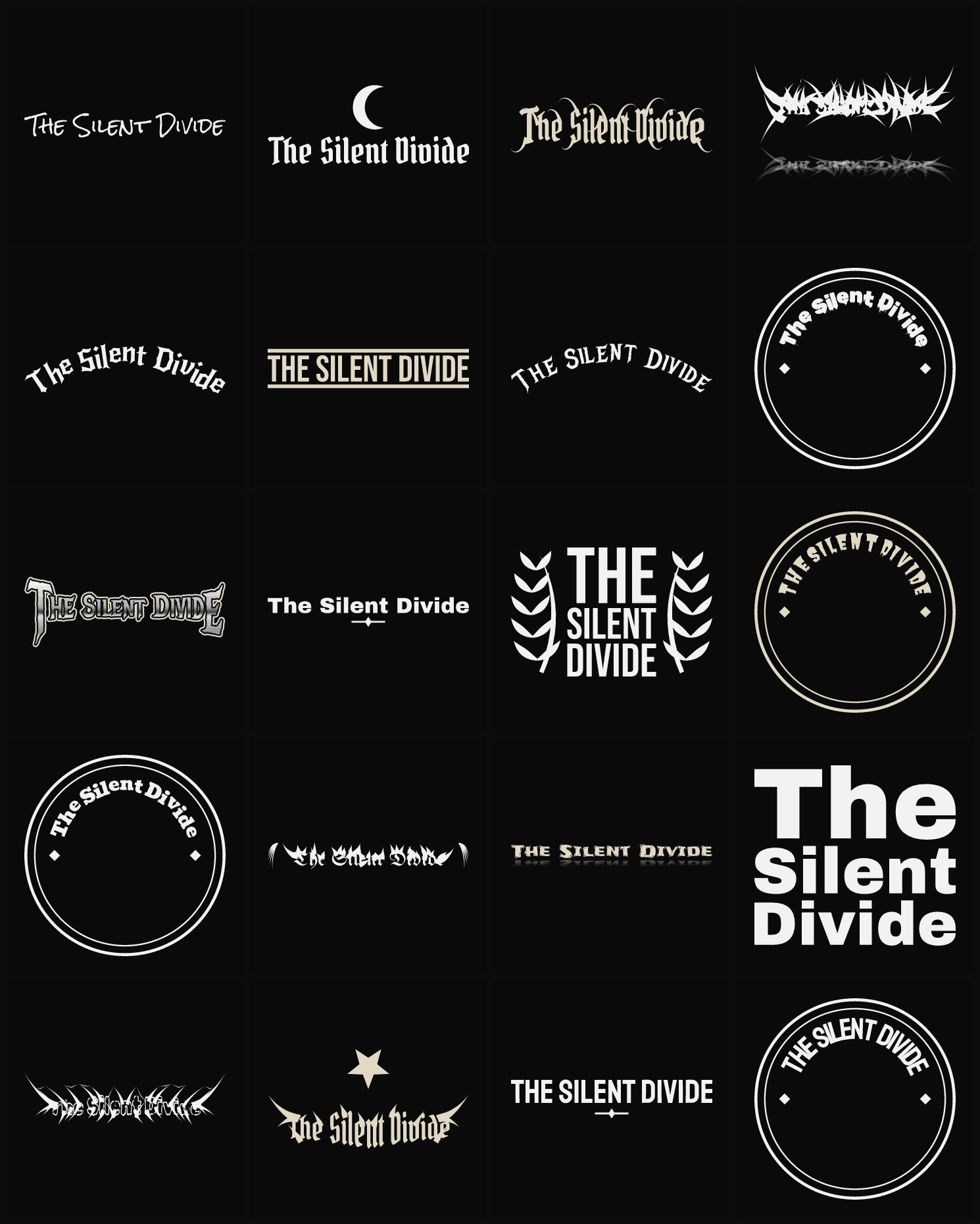 Twenty The Silent Divide band logo ideas — different faces, treatments and spike settings