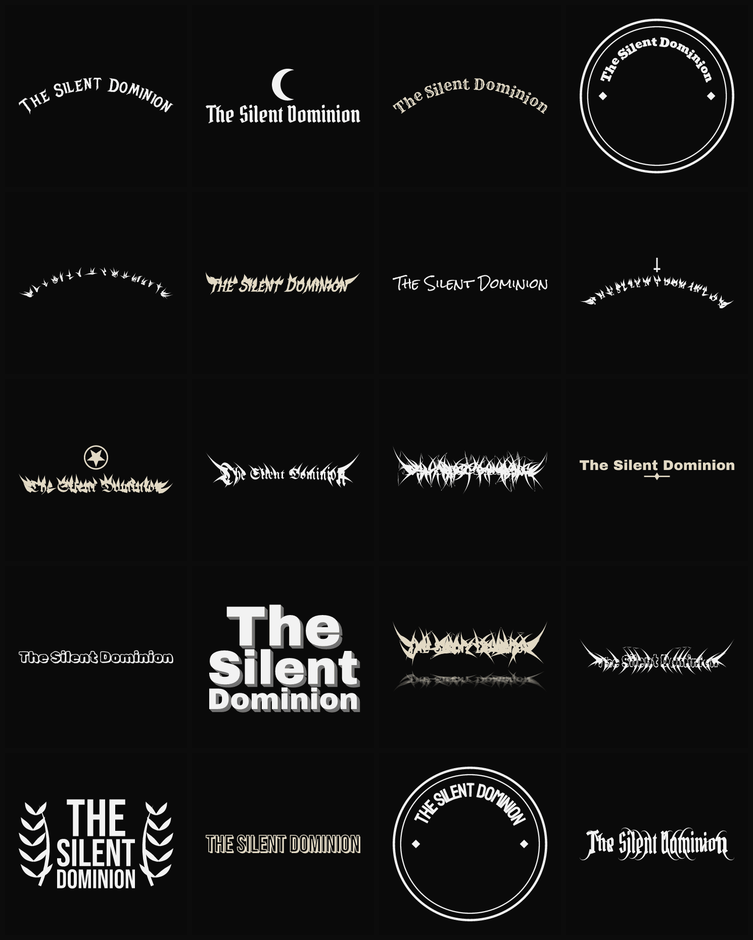 Twenty The Silent Dominion band logo ideas — different faces, treatments and spike settings