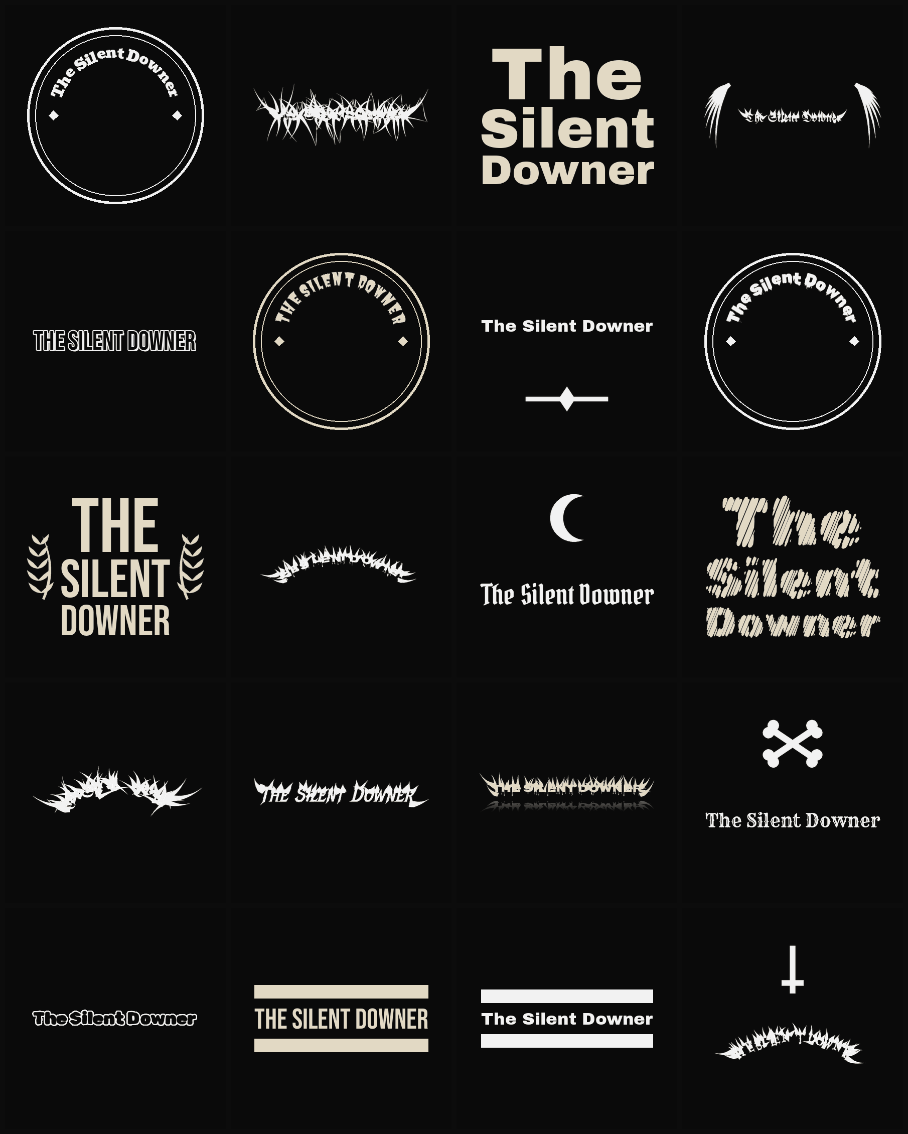 Twenty The Silent Downer band logo ideas — different faces, treatments and spike settings