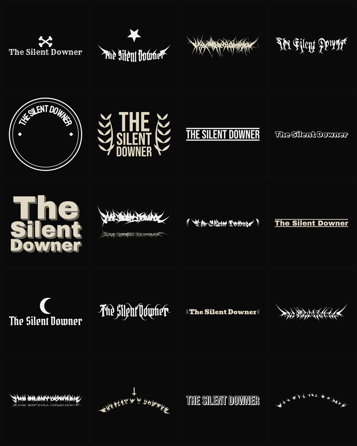 Twenty The Silent Downer band logo ideas — different faces, treatments and spike settings