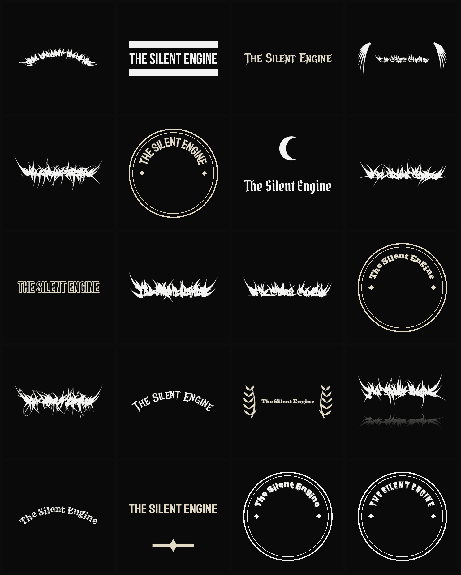 Twenty The Silent Engine band logo ideas — different faces, treatments and spike settings