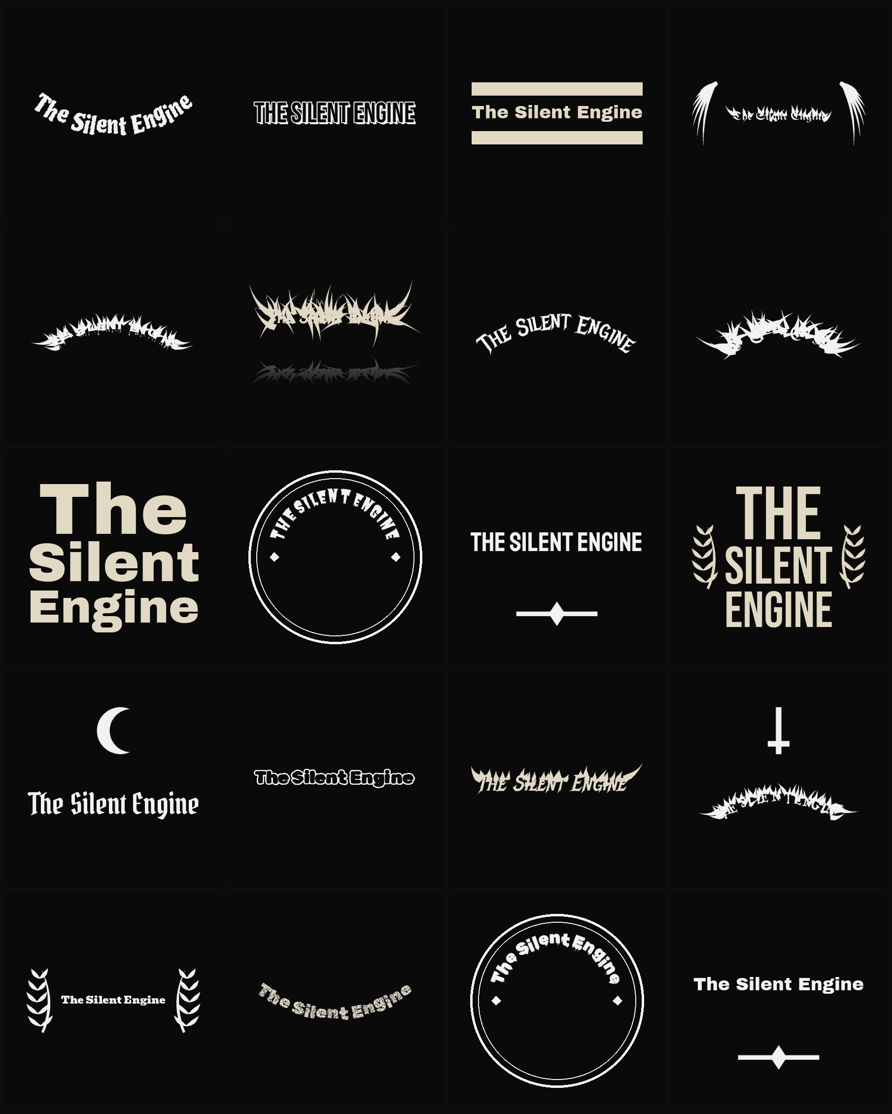 Twenty The Silent Engine band logo ideas — different faces, treatments and spike settings