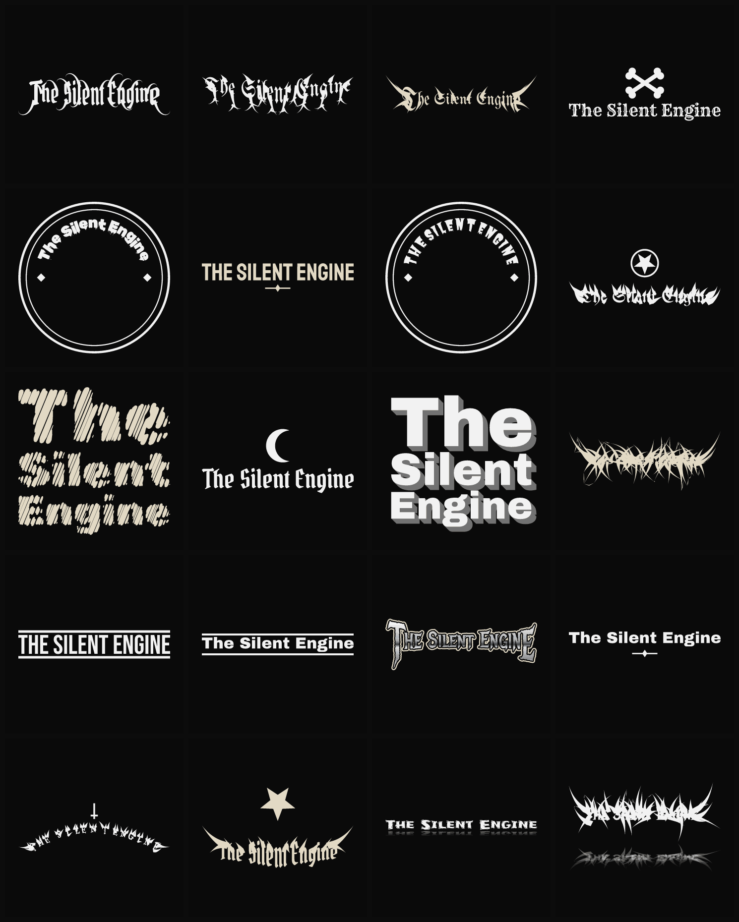 Twenty The Silent Engine band logo ideas — different faces, treatments and spike settings