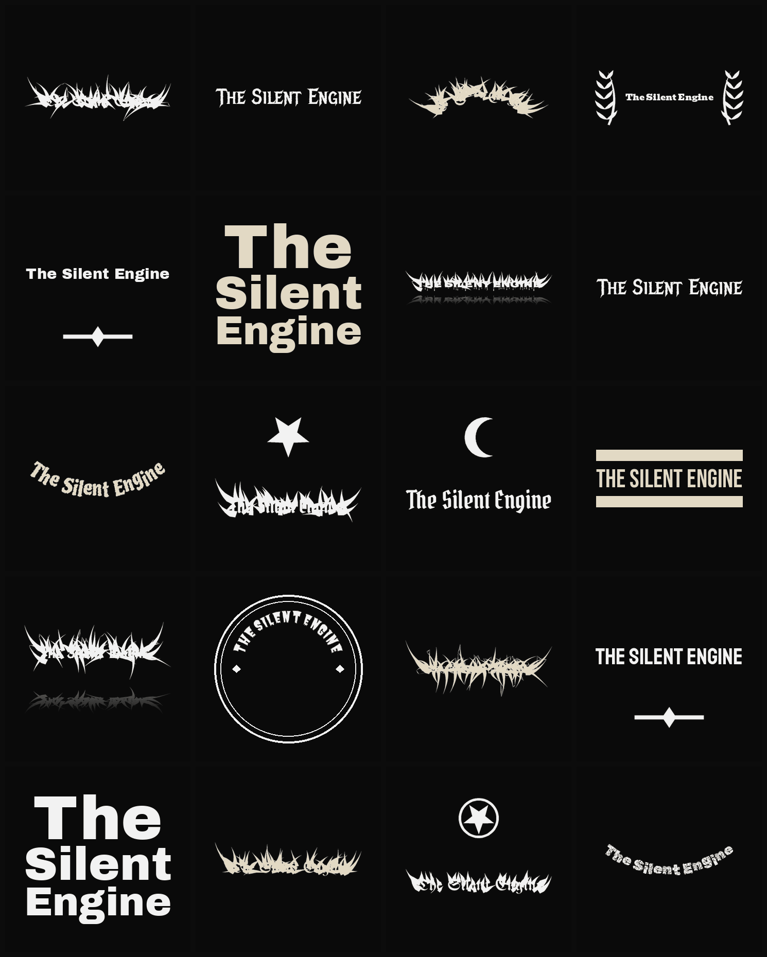 Twenty The Silent Engine band logo ideas — different faces, treatments and spike settings