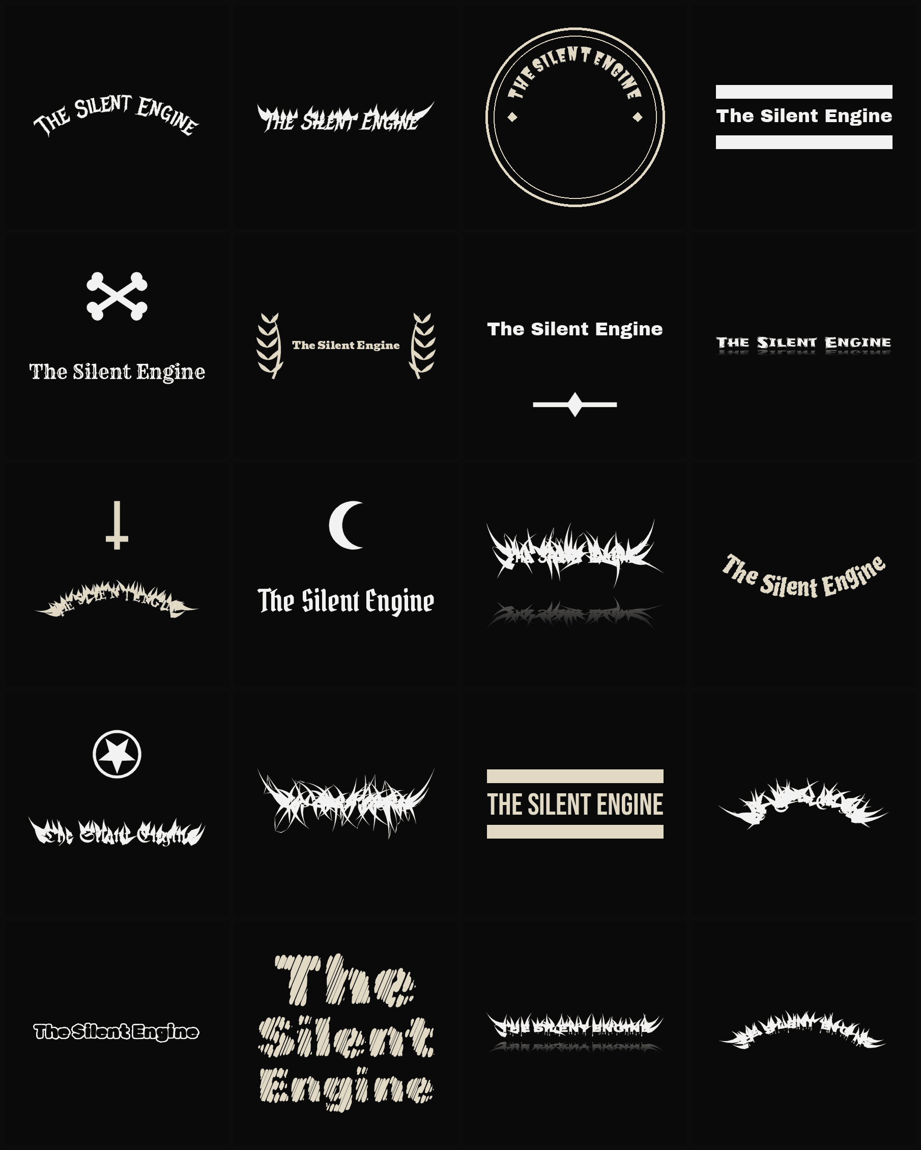 Twenty The Silent Engine band logo ideas — different faces, treatments and spike settings