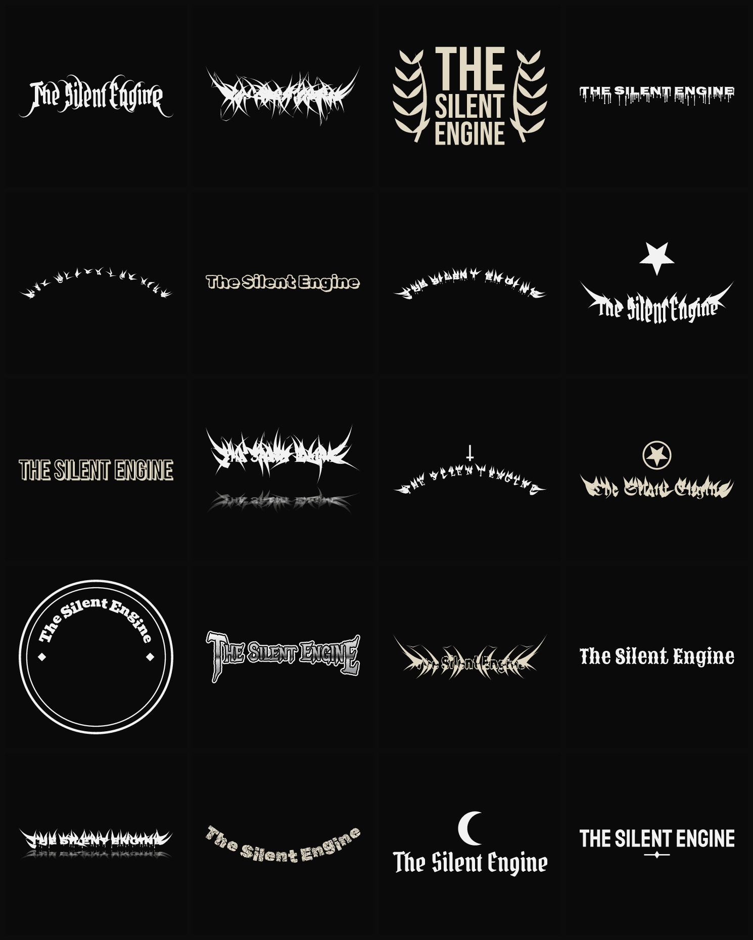 Twenty The Silent Engine band logo ideas — different faces, treatments and spike settings