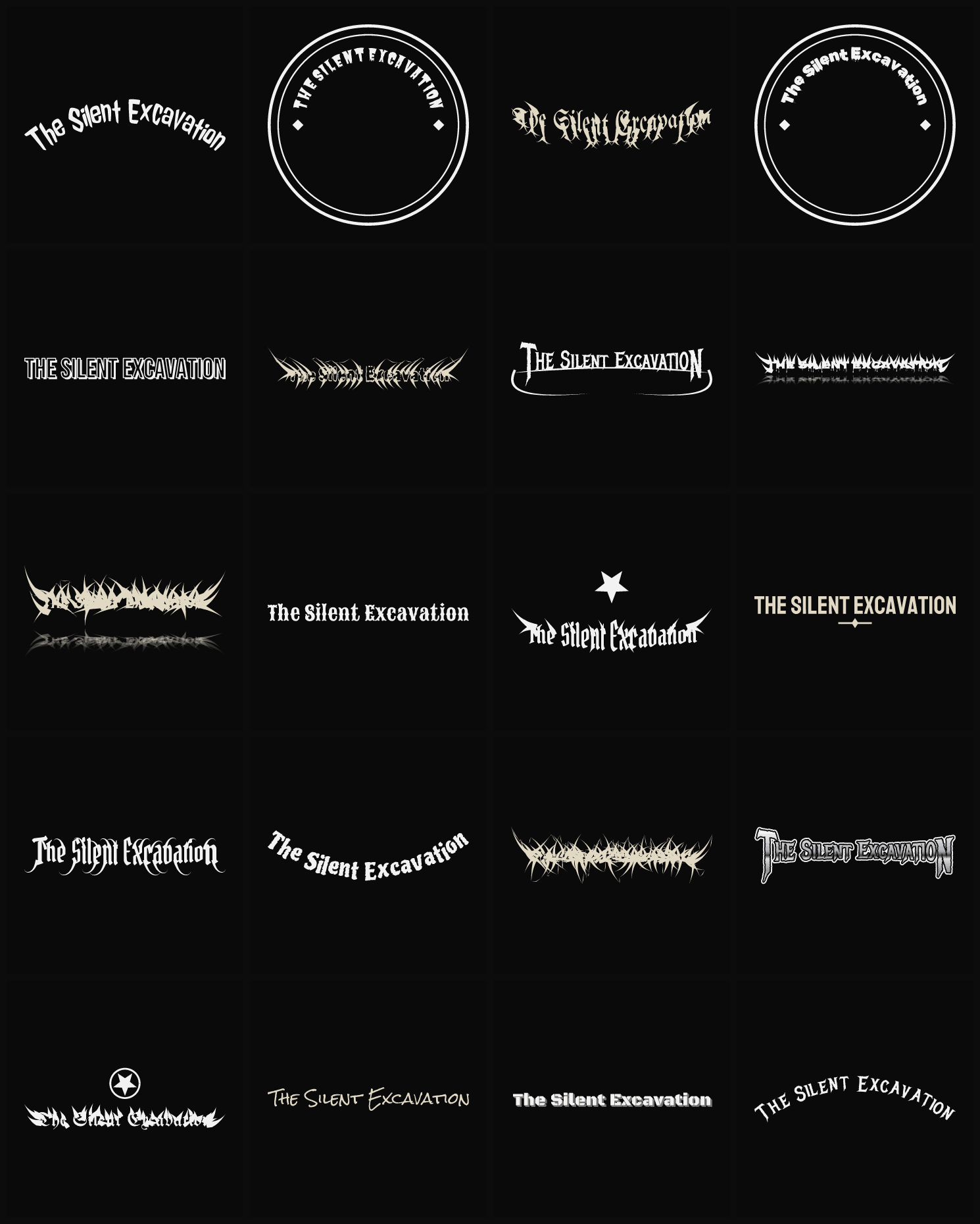 Twenty The Silent Excavation band logo ideas — different faces, treatments and spike settings