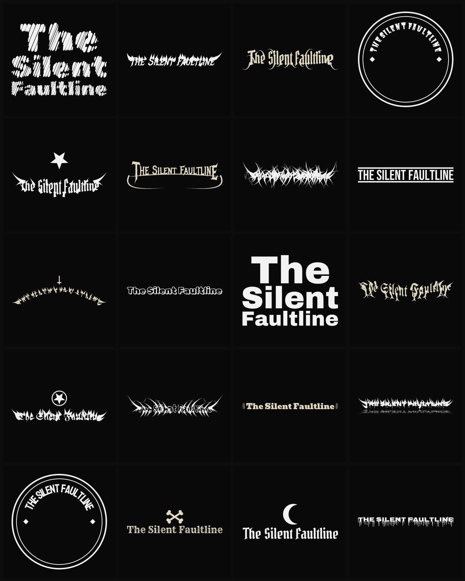 Twenty The Silent Faultline band logo ideas — different faces, treatments and spike settings
