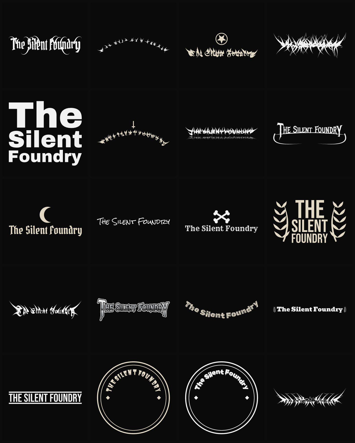 Twenty The Silent Foundry band logo ideas — different faces, treatments and spike settings