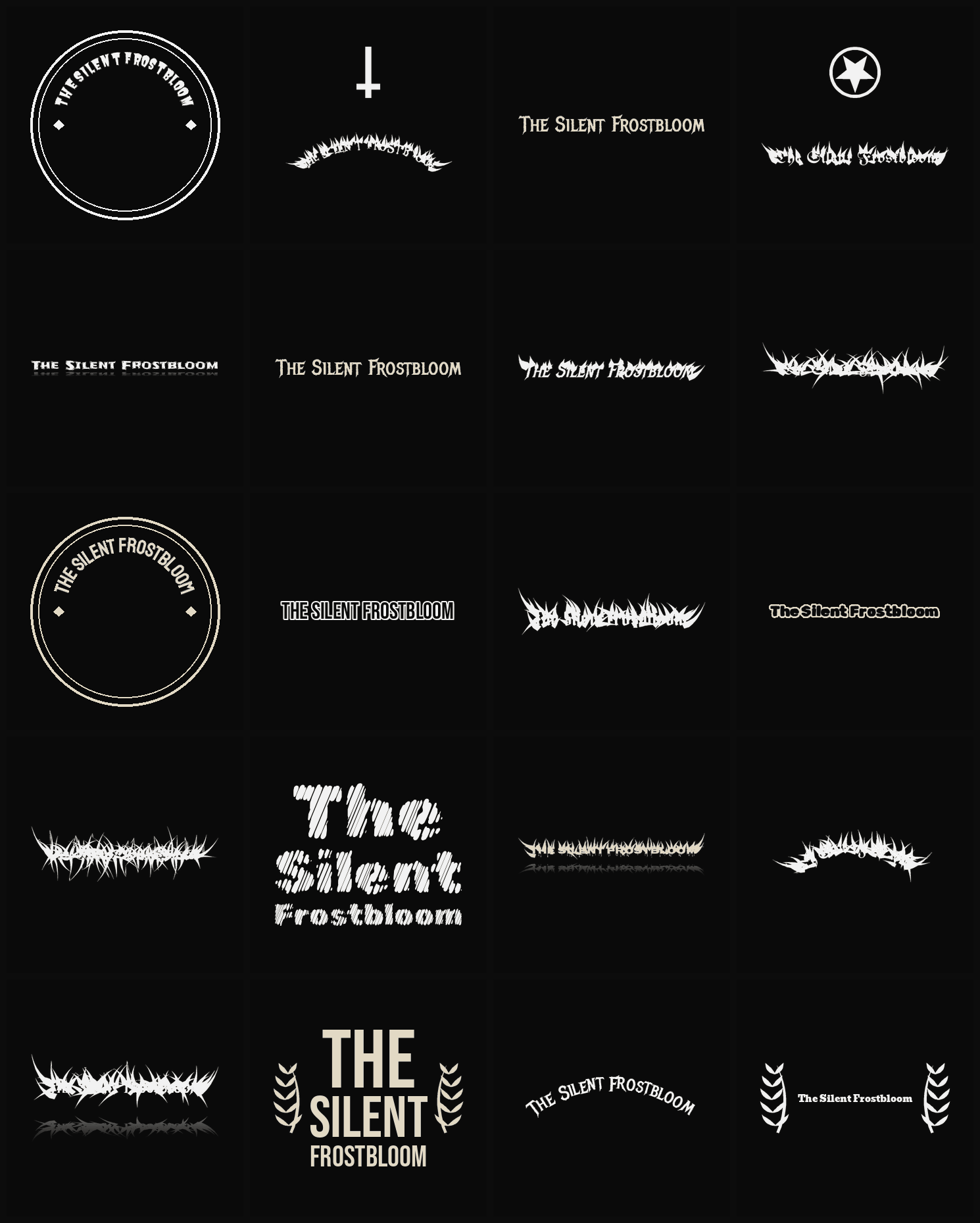 Twenty The Silent Frostbloom band logo ideas — different faces, treatments and spike settings