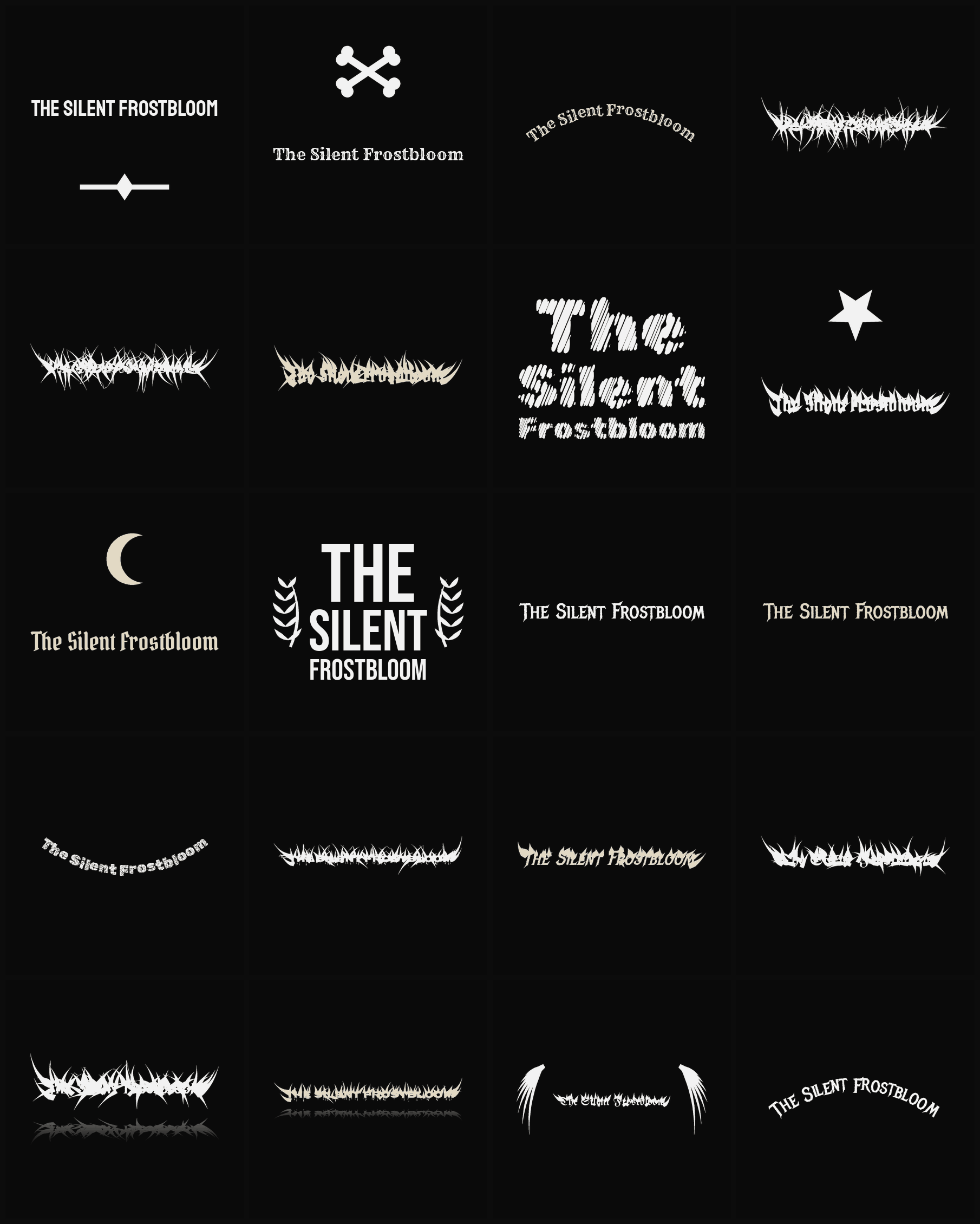Twenty The Silent Frostbloom band logo ideas — different faces, treatments and spike settings