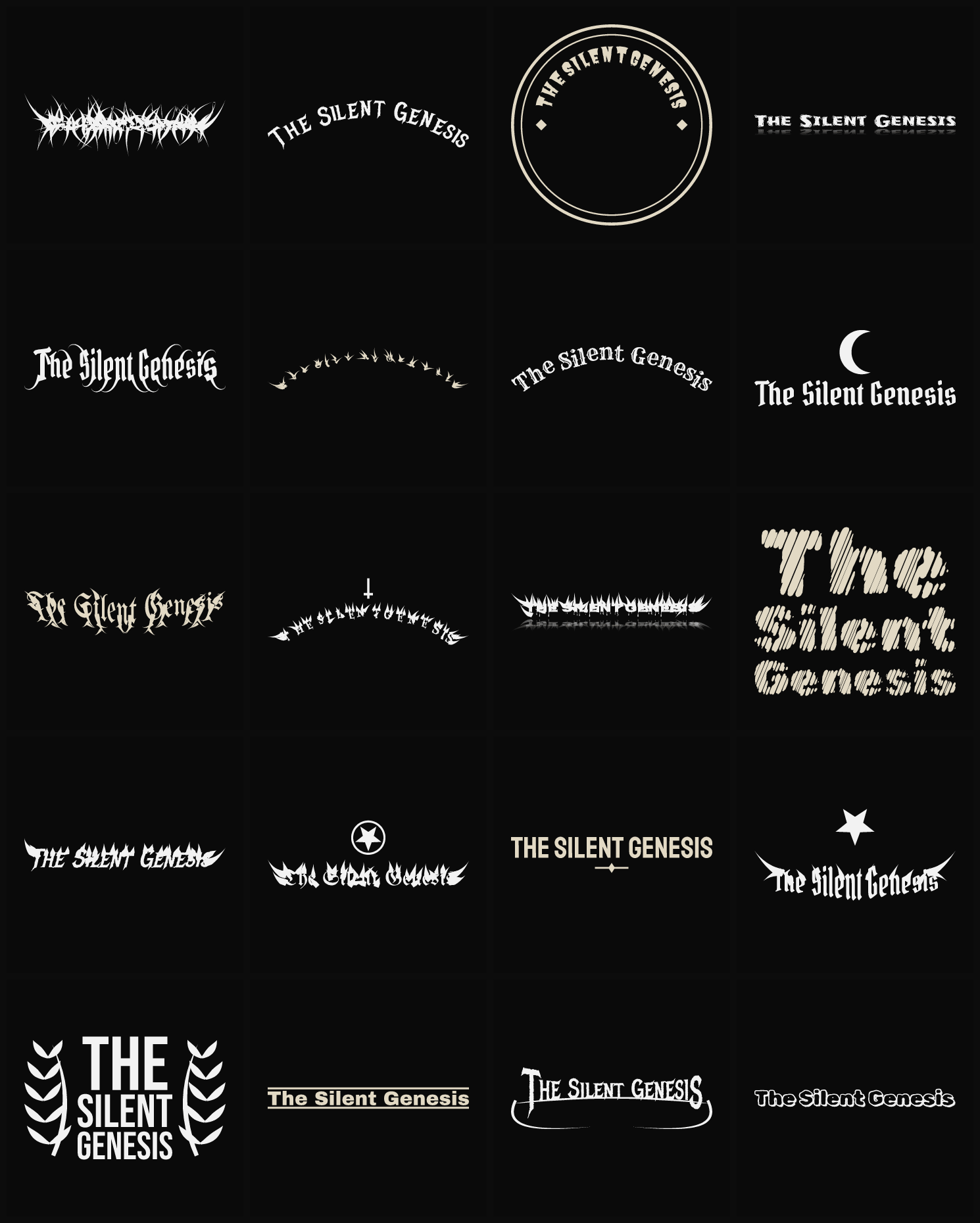 Twenty The Silent Genesis band logo ideas — different faces, treatments and spike settings