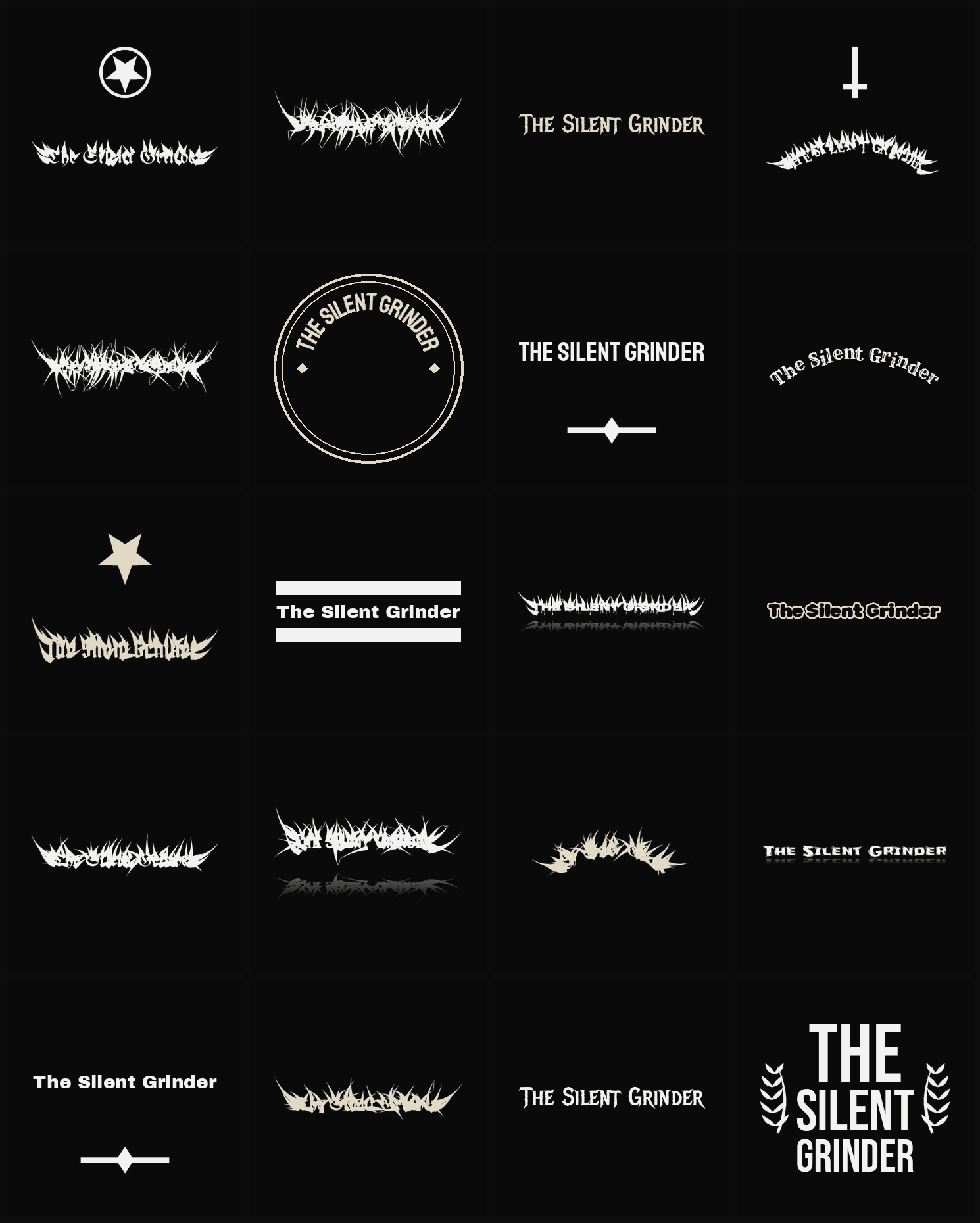 Twenty The Silent Grinder band logo ideas — different faces, treatments and spike settings