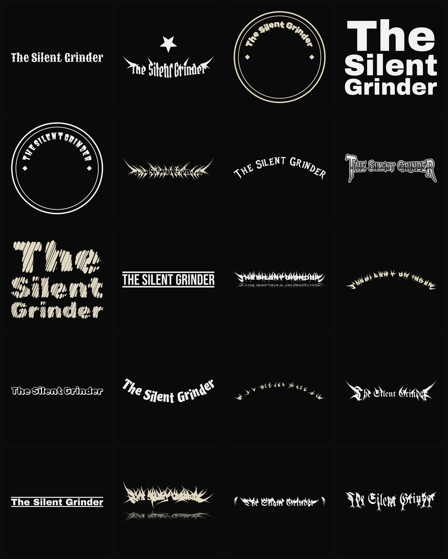Twenty The Silent Grinder band logo ideas — different faces, treatments and spike settings