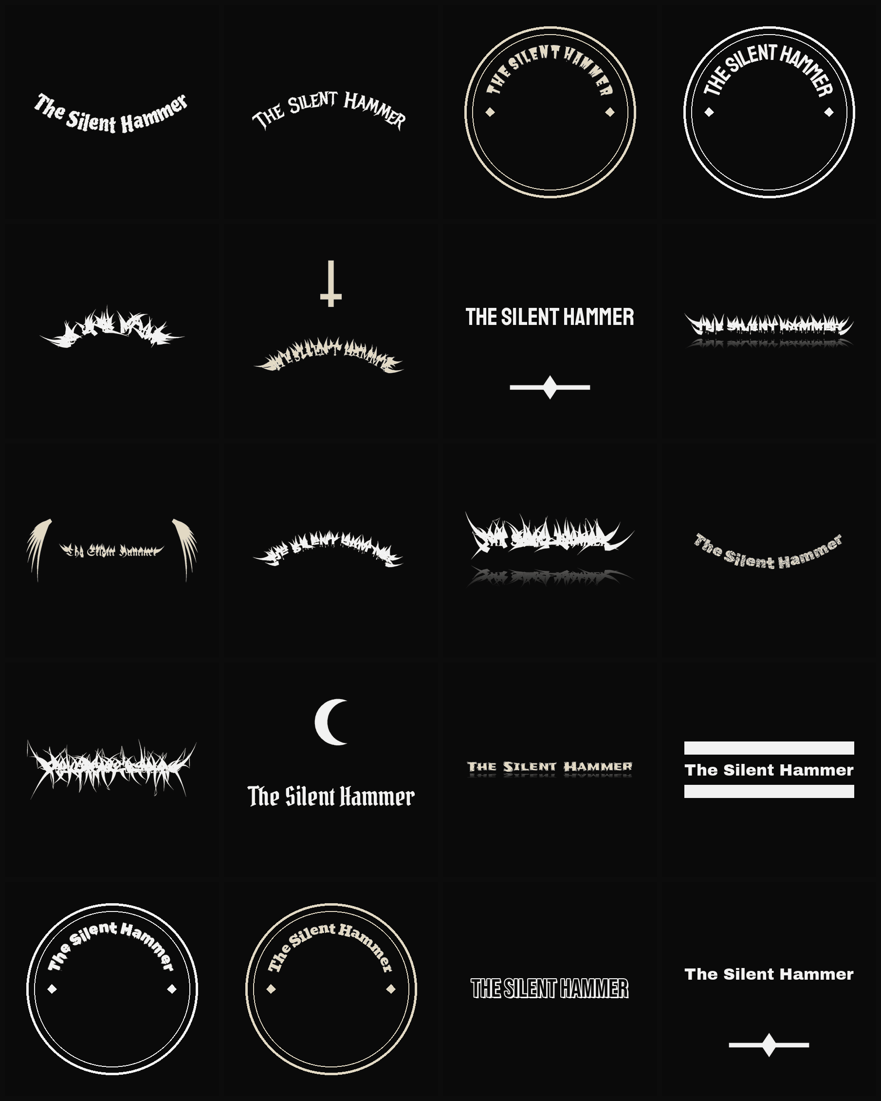 Twenty The Silent Hammer band logo ideas — different faces, treatments and spike settings