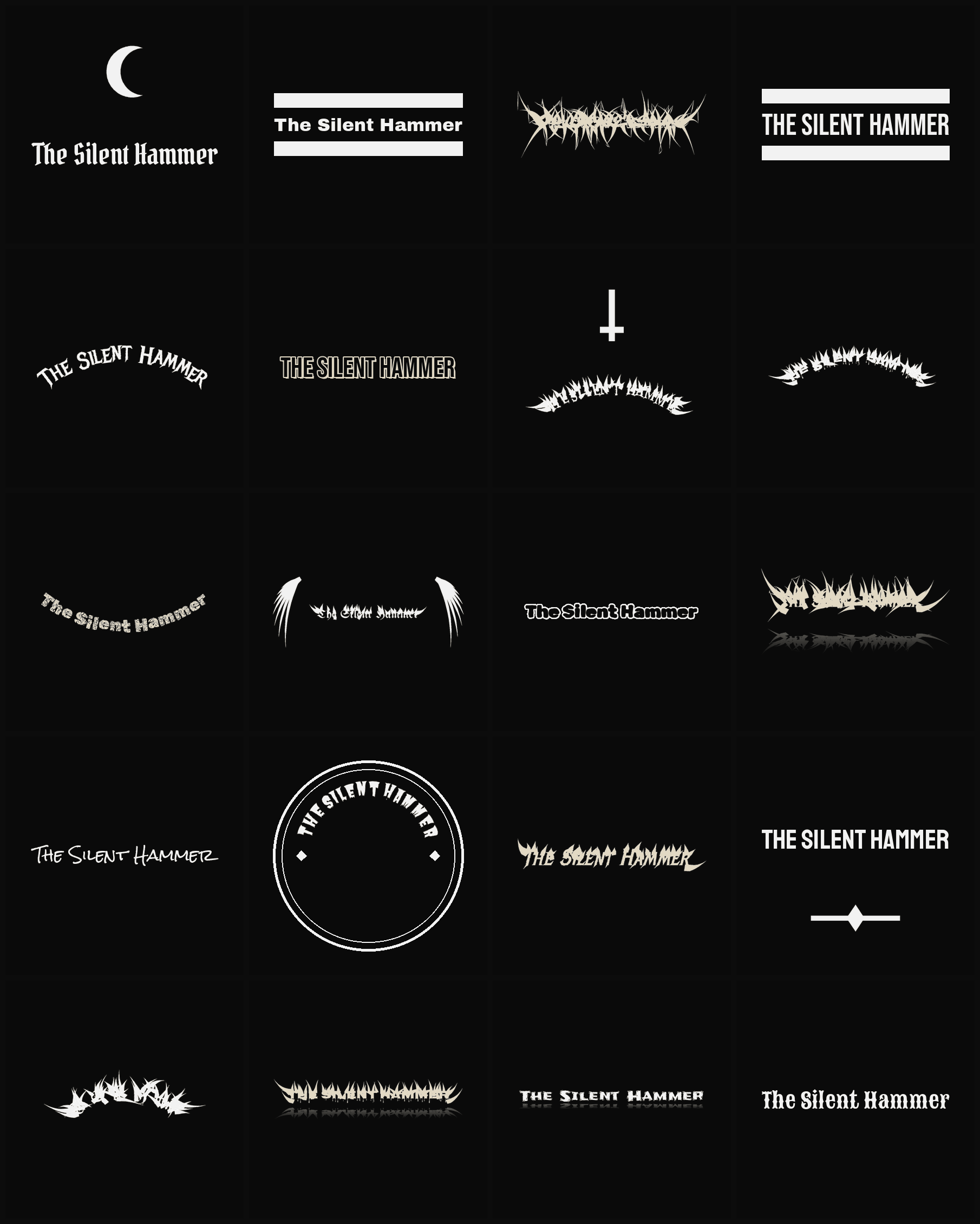 Twenty The Silent Hammer band logo ideas — different faces, treatments and spike settings