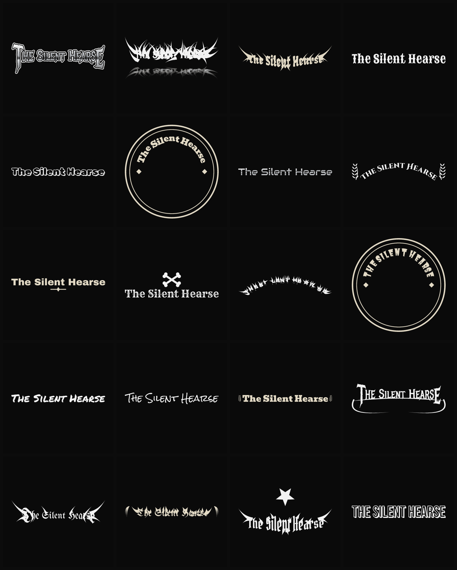 Twenty The Silent Hearse band logo ideas — different faces, treatments and spike settings
