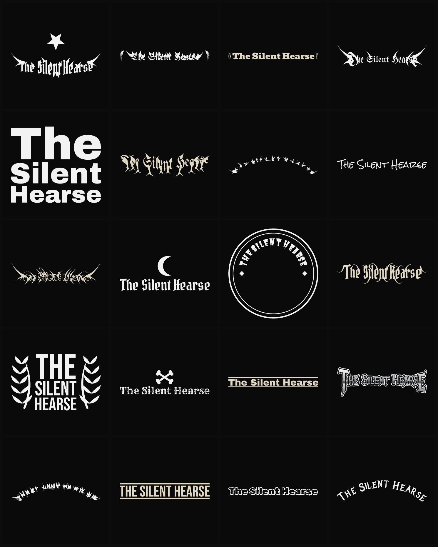 Twenty The Silent Hearse band logo ideas — different faces, treatments and spike settings