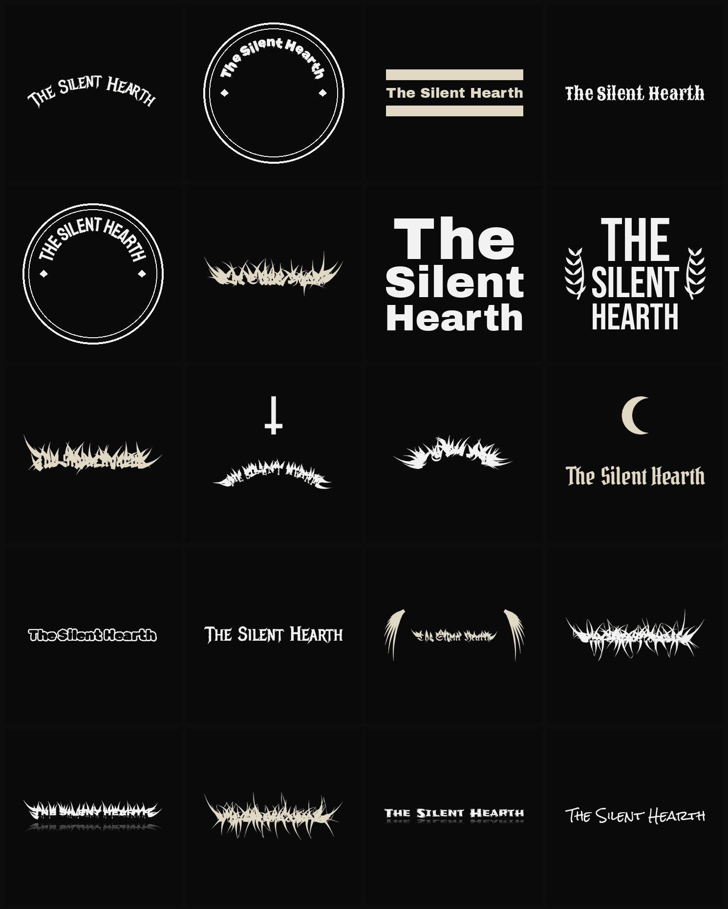 Twenty The Silent Hearth band logo ideas — different faces, treatments and spike settings