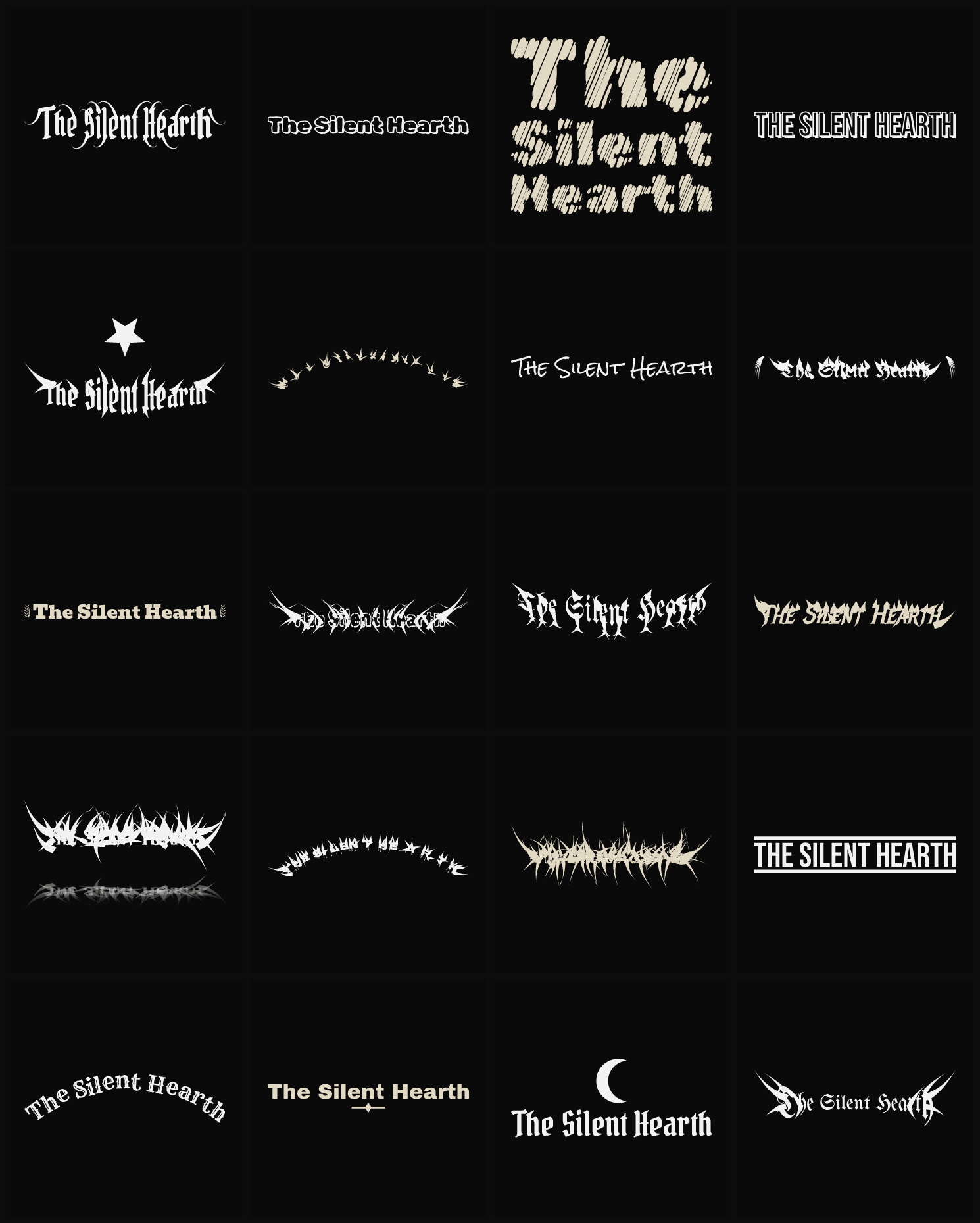 Twenty The Silent Hearth band logo ideas — different faces, treatments and spike settings