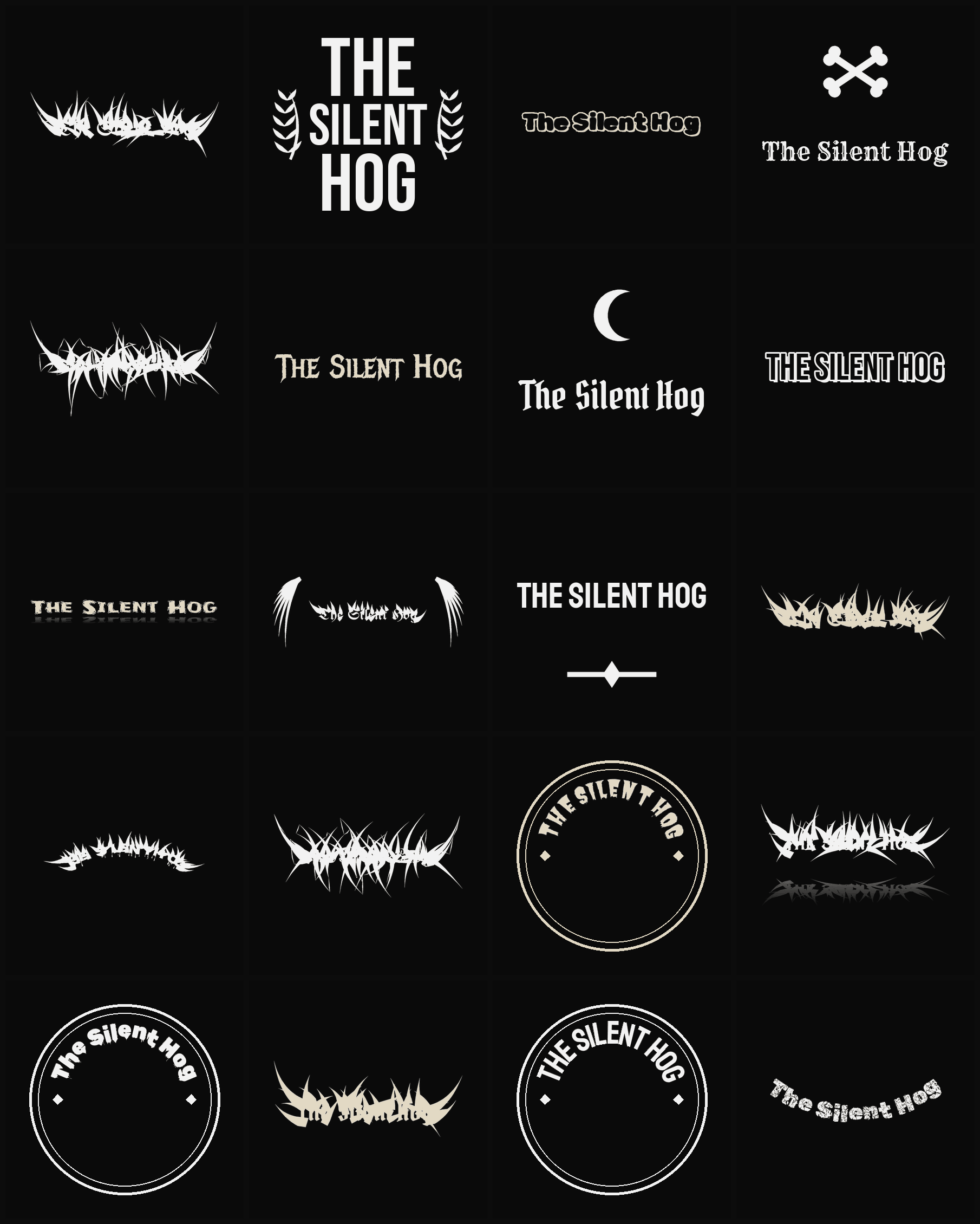 Twenty The Silent Hog band logo ideas — different faces, treatments and spike settings