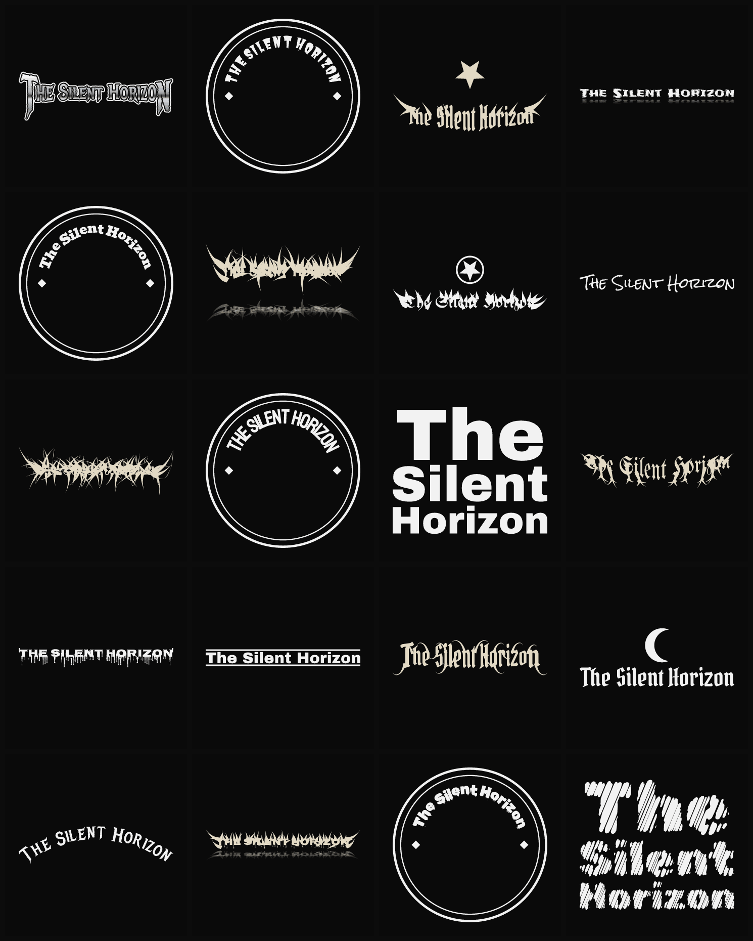 Twenty The Silent Horizon band logo ideas — different faces, treatments and spike settings